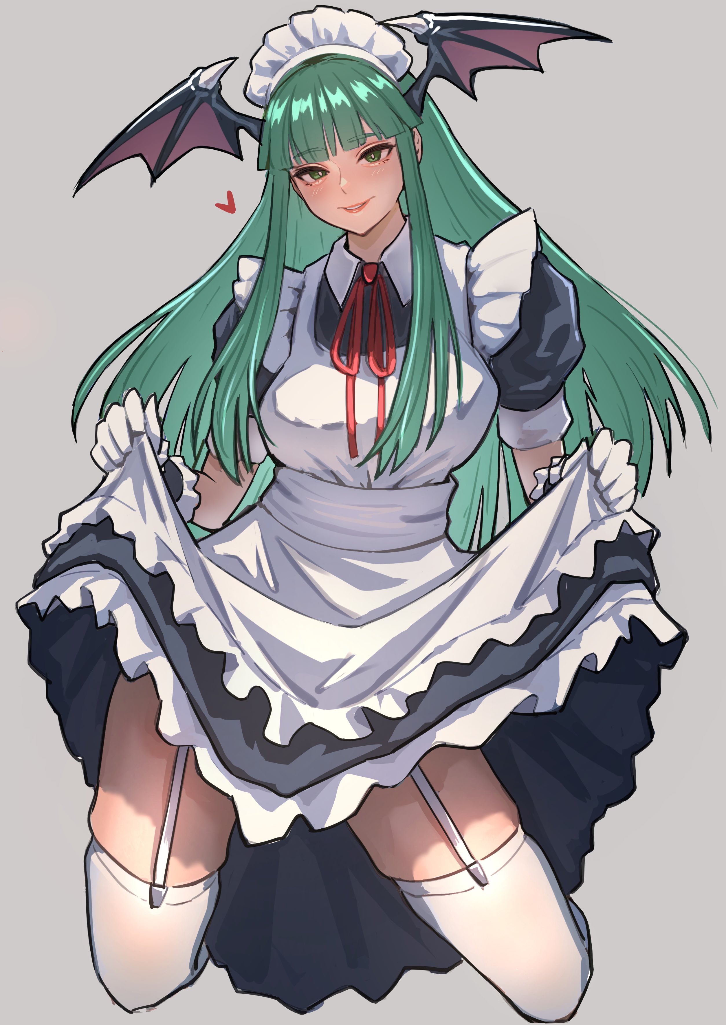 1girls, ap cammy, bat wings, capcom, darkstalkers, demon, female, garter straps, gloves, green eyes, green hair, heart, lifting skirt, light skin, light-skinned female, maid, maid apron, maid headdress, maid uniform, morrigan aensland, succubus, thighhighs, wings