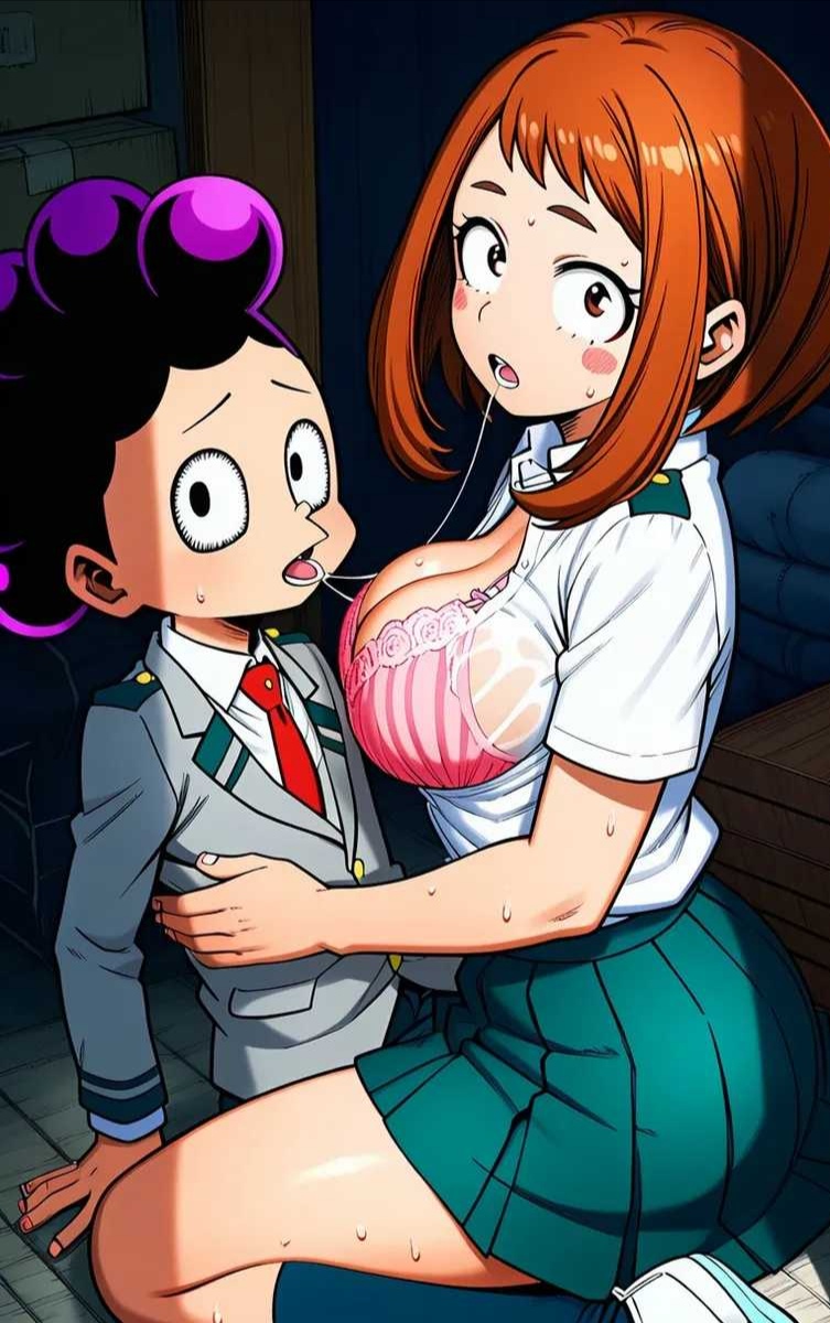 1boy, 1girls, ai generated, ass, bra, breasts out, kissing, minoru mineta, my hero academia, ochako uraraka, school uniform, sitting on lap, surprised expression