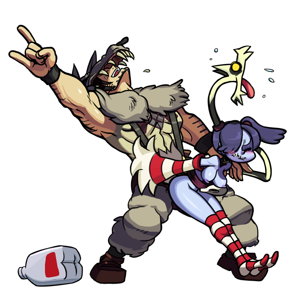 age difference, ambiguous penetration, beowulf (skullgirls), blue skin, blush, breasts, closed eyes, clothed sex, clothing, edit, female, from behind, legs together, leviathan (skullgirls), male, penetration, size difference, skullgirls, squigly, striped socks, thick thighs, thighhighs