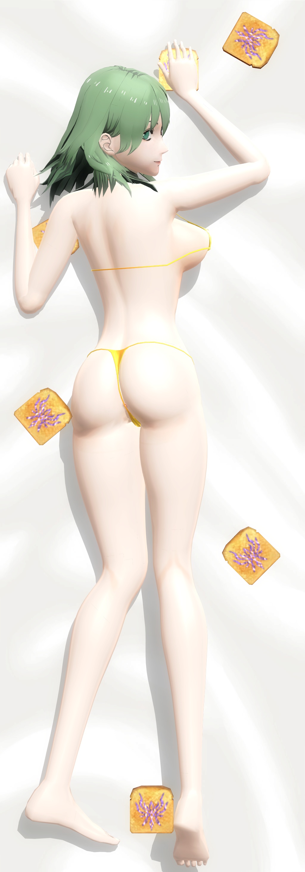 1girls 3d alonso_nsr alternate_costume ass back back_view bare_arms bare_back bare_legs bare_shoulders barefoot big_ass bikini breasts byleth_(fire_emblem) byleth_(fire_emblem)_(female) crest_(fe3h) dakimakura dakimakura_design female female_only fire_emblem fire_emblem:_three_houses food from_behind gold_bikini gold_swimsuit green_eyes green_hair hair_between_eyes large_breasts legs looking_at_viewer looking_back medium_hair nintendo on_stomach shoulders sideboob smile solo swimsuit toast underboob yellow_bikini yellow_swimsuit