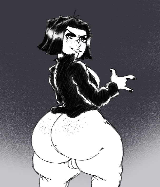 1boy ass ass_bigger_than_head back_view balls bandage bandage_on_nose big_ass big_butt black_clothing black_hair black_nails curvy dumptruck_ass fat_ass fat_ass_femboy femboy freckles freckles_on_ass half-closed_eyes jacket large_ass looking_at_viewer looking_back olozva original_character partially_clothed short_hair small_balls smug solo solo_focus solo_male thick_thighs tiny_balls voluptuous voluptuous_male