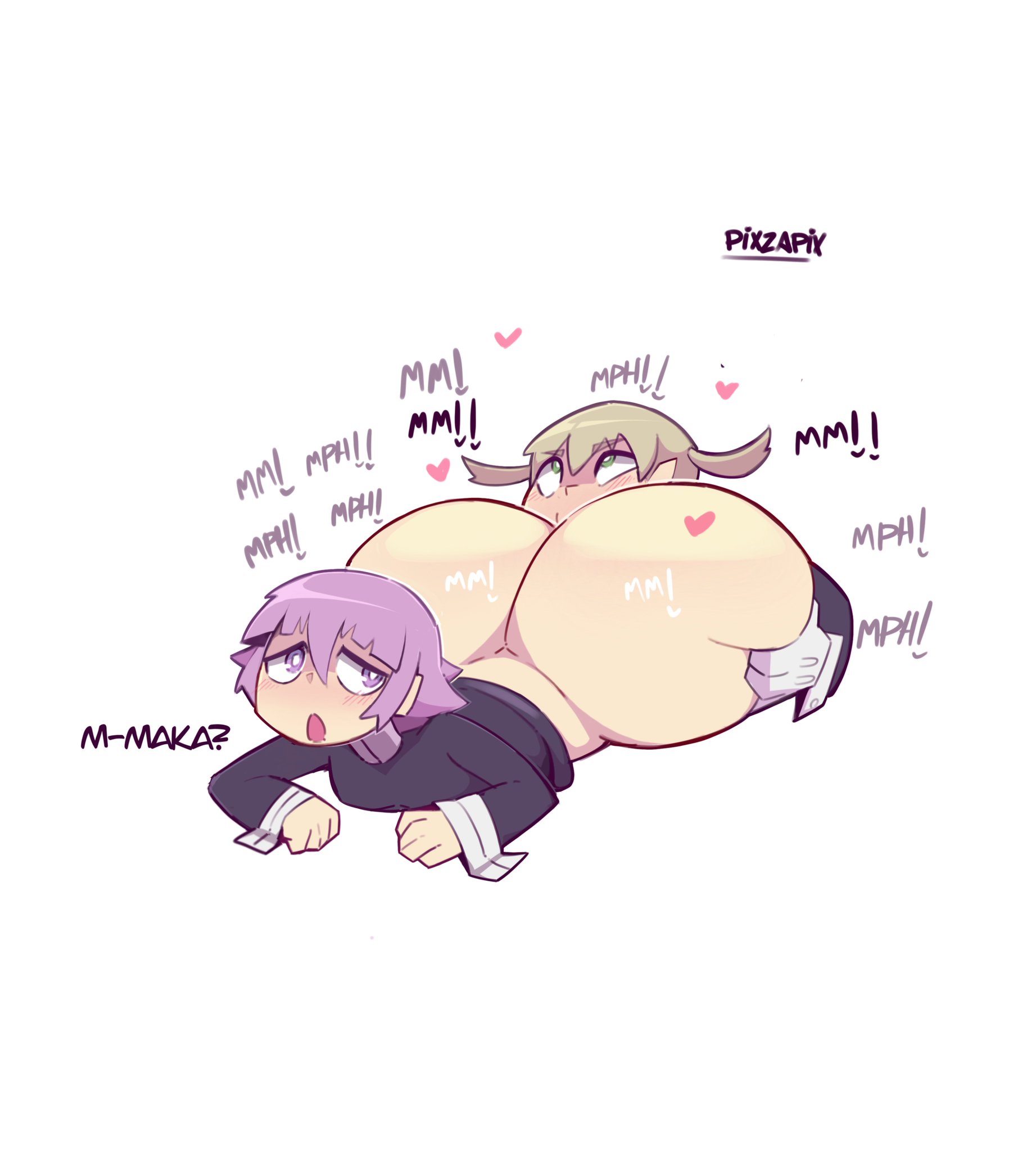 1boy, 1girls, ass, ass bigger than head, ass grab, big ass, big butt, blonde hair, bottomless, bubble ass, bubble butt, clothing, crona (soul eater), curvaceous, curvy, curvy figure, dialogue, english text, eyes rolling back, fat ass femboy, female, female rimming male, femboy, girly, green eyes, hi res, huge ass, hyper ass, maka albarn, male, mostly nude, pixzapix, purple eyes, purple hair, rimming, rimming male, soul eater, tagme, text, voluptuous, voluptuous male