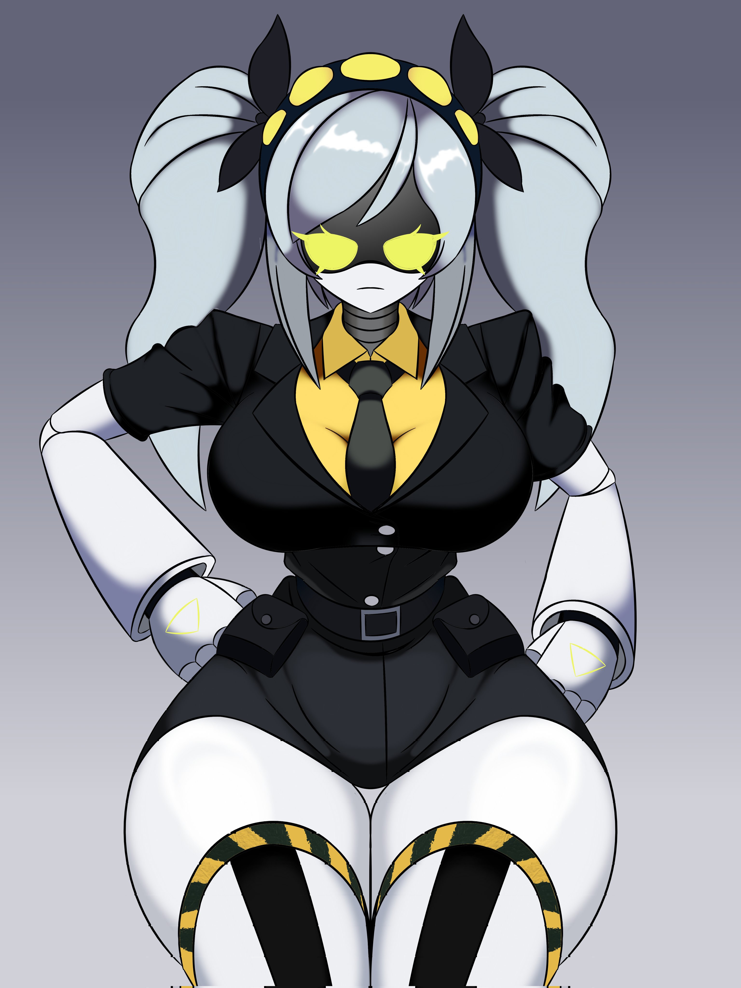 1girls, 2d, artist request, big breasts, breasts, female, female in suit, female only, hair, huge breasts, humanoid, j (murder drones), large breasts, light skin, murder drones, pigtails, robot, robot girl, robot humanoid, screen face, solo, suit, tagme, thick thighs, white hair, yellow eyes