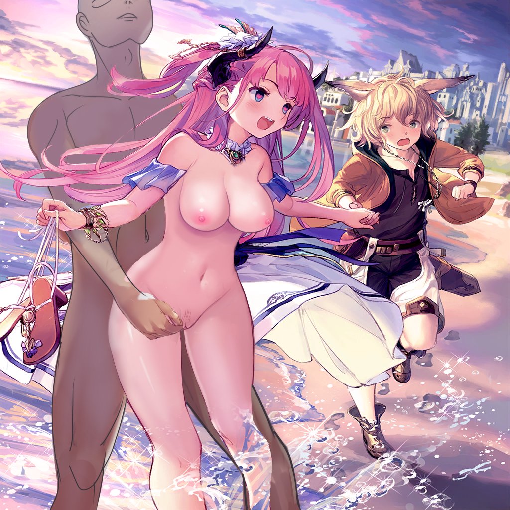 1boy 1girls breasts edit female girl heart_eyes horn long_hair male nude_female nude_filter pink_hair sex shadowverse shingeki_no_bahamut standing_sex tattoo