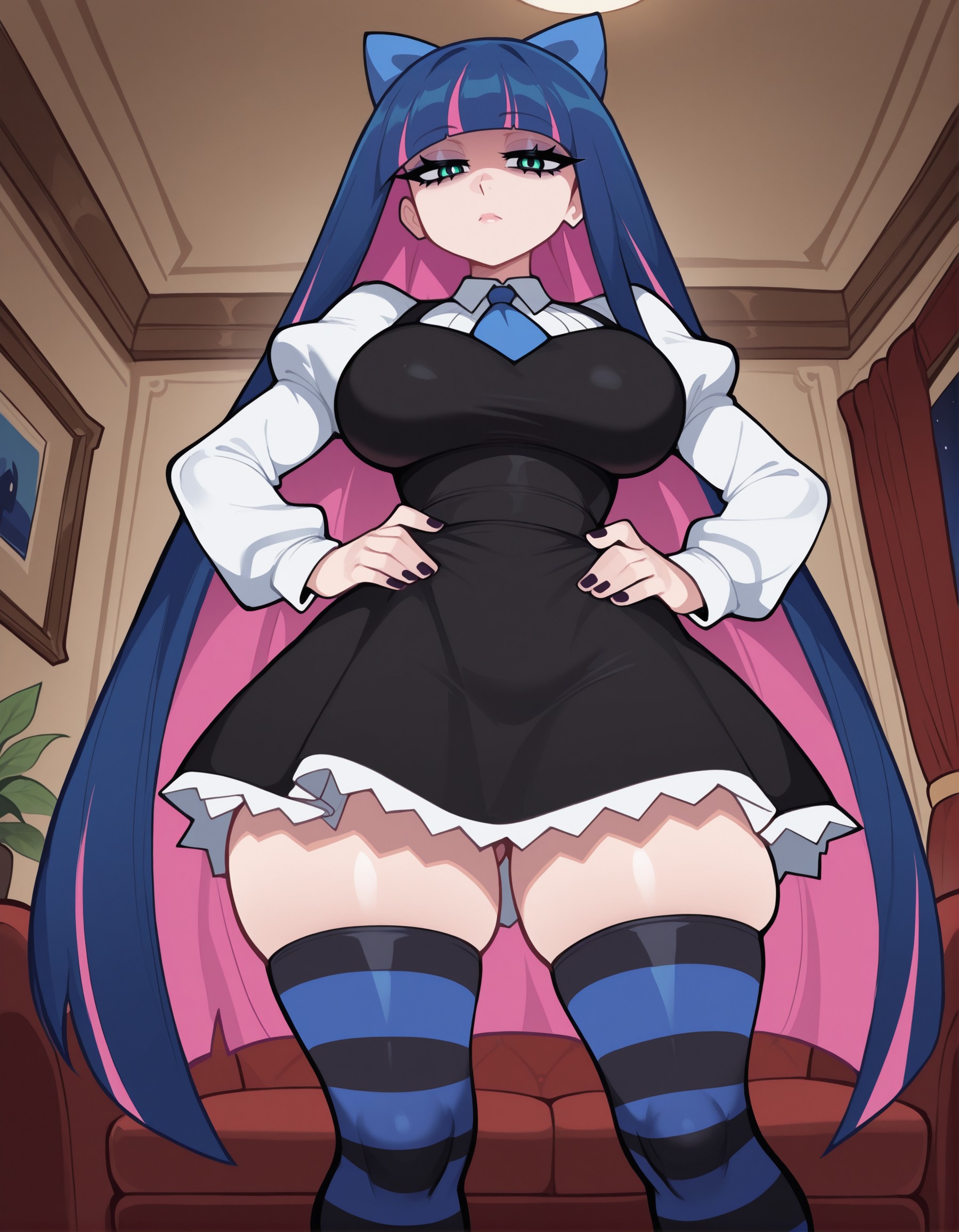 1girls, ai generated, ass, big ass, big breasts, big thighs, black dress, blue bow, blue hair, blunt bangs, breasts, colored inner hair, dress, eyelashes, eyeshadow, female, goth, goth girl, gothic, gothic lolita, hourglass figure, hourglass figured female, large breasts, lolita fashion, long hair, multicolored hair, pale skin, panty & stocking with garterbelt, pink hair, sexy, sexy body, sillyhina, stocking anarchy, striped clothing, striped thighhighs, thick legs, thick thighs, thighhighs, thighs, voluptuous, voluptuous female