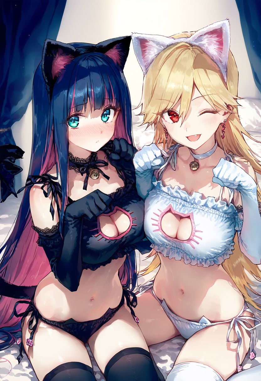 2females 2girls ai_generated bed belly belly_button big_breasts breasts cat_ears cat_lingerie cat_tail catgirls commentary_request duo duo_female english_commentary females females_only gainax hi_res highres indoors looking_at_viewer one_eye_closed panty_&_stocking_with_garterbelt panty_anarchy sfw sisters stocking_anarchy very_high_resolution very_long_hair_female wink winking winking_at_viewer