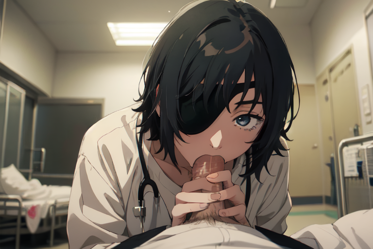 1boy 1girls ai_generated ai_hands blowjob blue_eyes chainsaw_man dark_hair eyepatch fellatio himeno_(chainsaw_man) hospital_bed nurse_uniform stethoschope stethoscope tagme