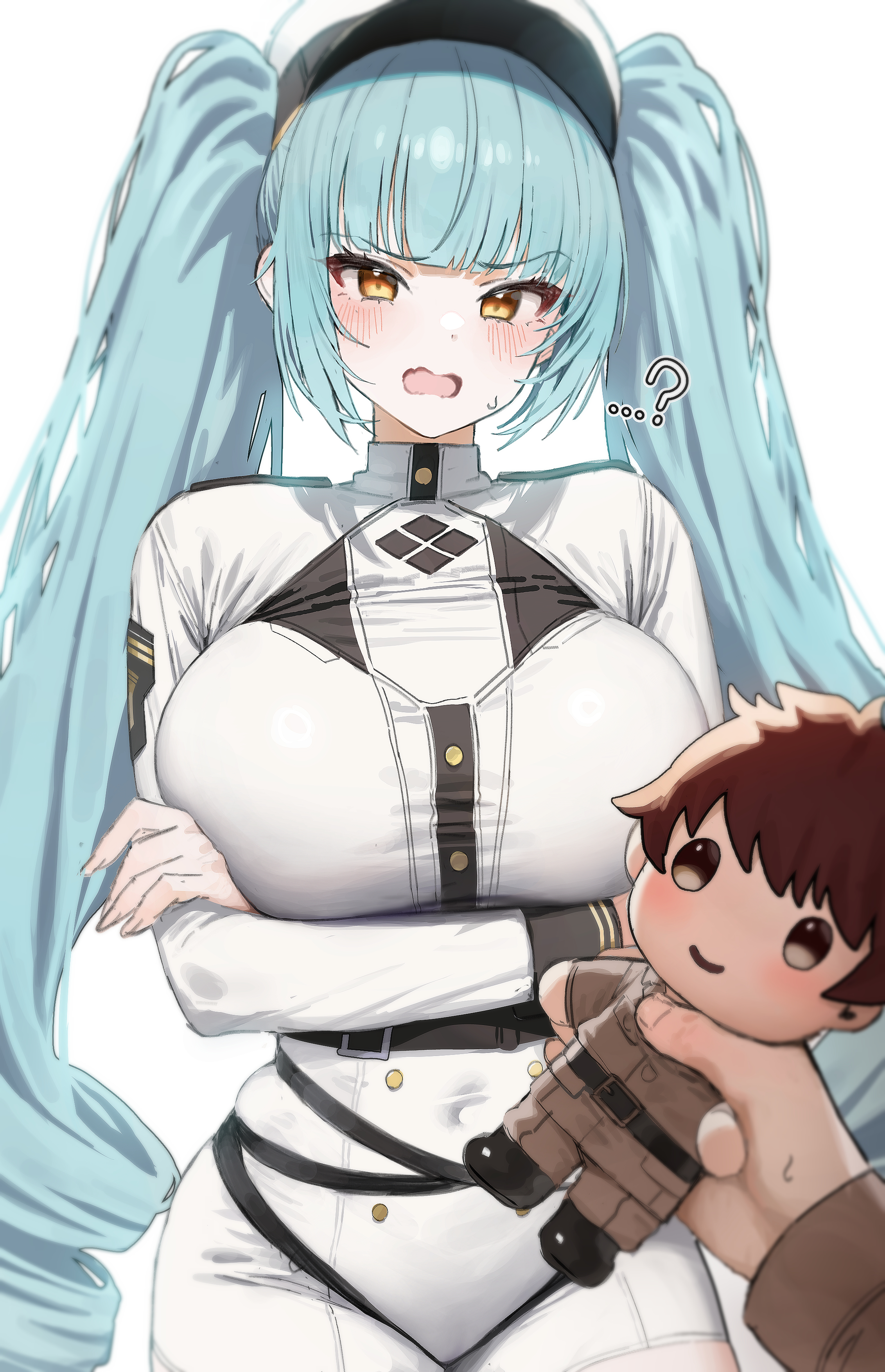 1boy, 1girls, aqua hair, blush, breasts, commander (nikke), doll, embarrassed, female, goddess of victory: nikke, hi res, hips, large breasts, long hair, male, male pov, mochirong, pov, privaty (nikke), thick thighs, thighs, twintails, wide hips, yellow eyes