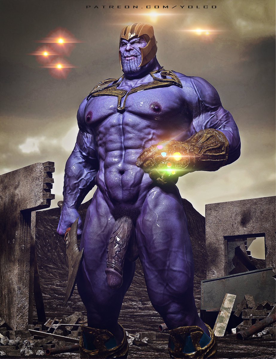 1boy armor avengers balls big_penis flaccid helmet infinity_gauntlet male male_only marvel marvel_cinematic_universe mature mature_male penis purple purple-skinned_male purple_skin thanos veiny_penis weapon yaoi yolco