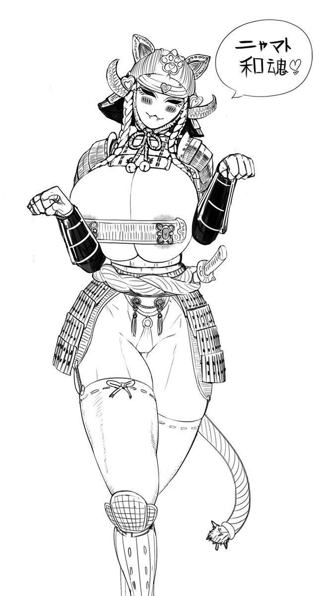 :3, 1girls, 2d, aka6, armor, armored female, asian, asian female, big breasts, breasts, cat girl, female, female only, for honor, helmet, japanese, japanese female, japanese text, monochrome, nipples, orochi (for honor), solo, solo female, speech bubble, sword, tagme, text, thighs, thong, translation request