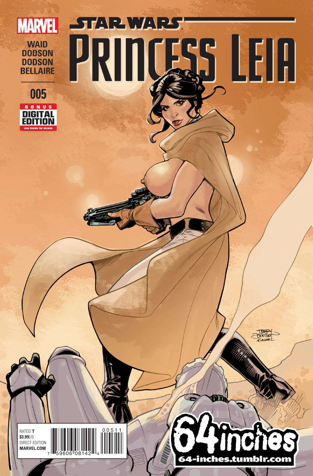 64inches, blaster (star wars), breasts, comic, comic cover, edit, exposed breasts, female, human, princess leia organa, rachel dodson, star wars, stormtrooper, terry dodson, third-party edit, topless