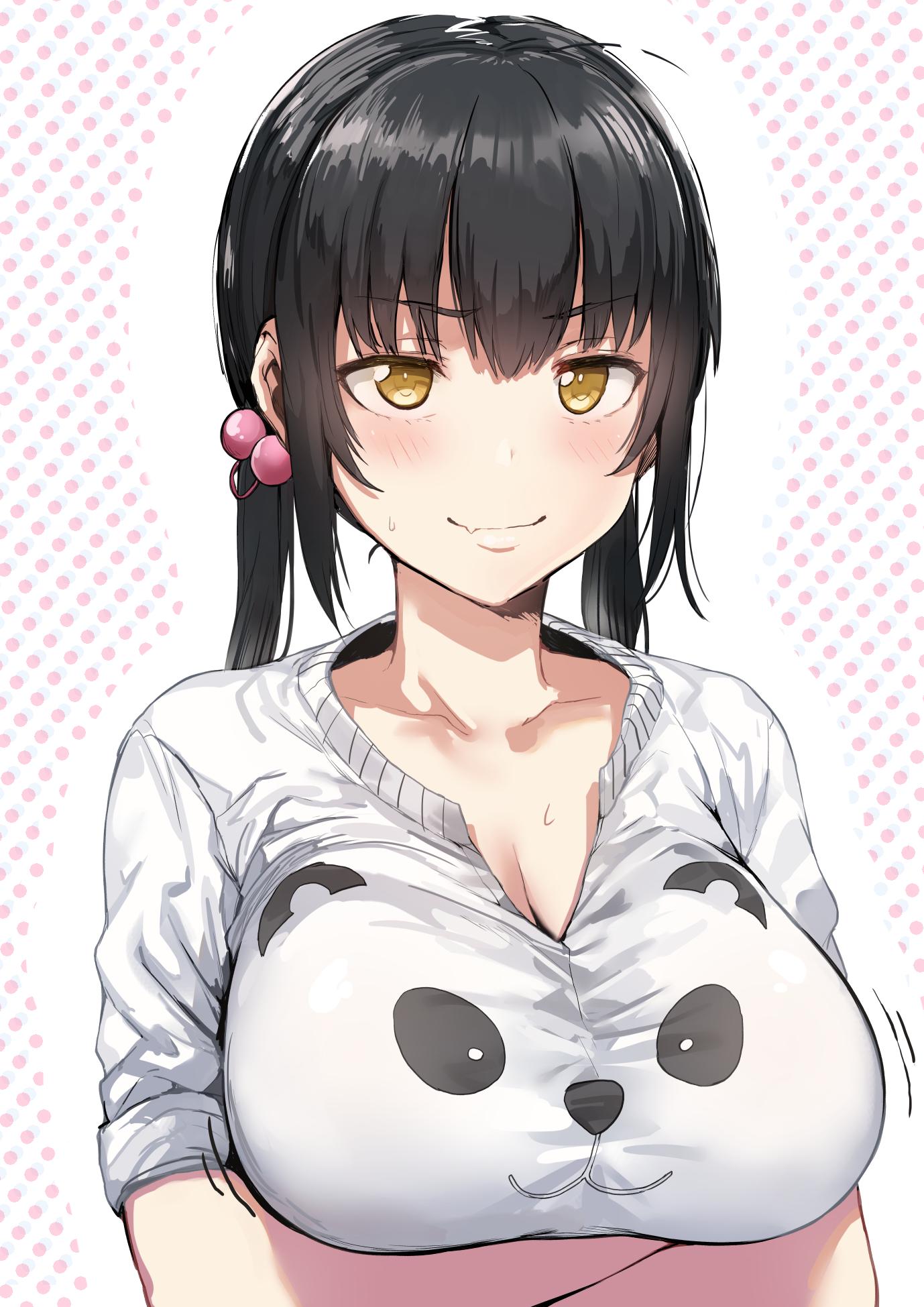 animal print, bangs, black hair, blush, breasts, bursting breasts, clavicle, cleavage, closed mouth, crossed arms, embarrassed, eyebrows visible through hair, female, female only, hair ornament, hews hack, high resolution, huge breasts, large breasts, lips, long hair, long sleeves, medium hair, oerba yun fang, open clothes, original, polka dot, polka dot background, sexually suggestive, shirt, short sleeves, short twintails, simple background, smile, solo, t-shirt, tied hair, twintails, upper body, white blouse, white shirt, yellow eyes