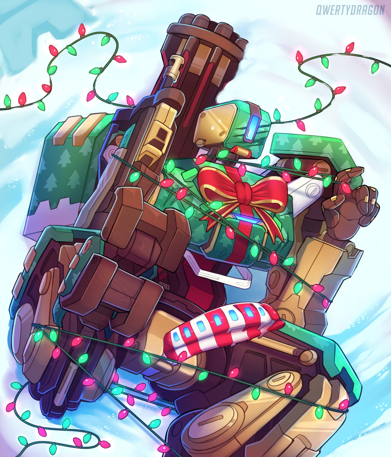 bastion (overwatch), blizzard entertainment, bondage, bound, bow, erection, gift wrap bastion, looking at viewer, male, male only, overwatch, penis, presenting, presenting penis, qwertydragon, ranged weapon, robot, stripes, sweat