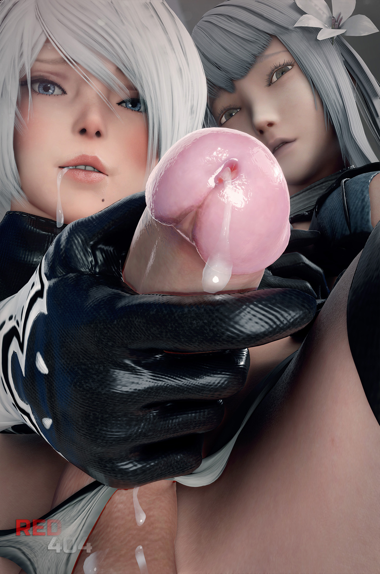 3d, balls, balls bulge, balls in panties, balls under clothes, blue eyes, cum, cum drip, erection, female, futa on female, futa sans pussy, futanari, intersex, kaine (nier), looking at viewer, nier (series), nier replicant, nier: automata, panties, panty bulge, penis, penis out, presenting, presenting penis, red404, square enix, submissive pov, taker pov, white hair, yorha 2b