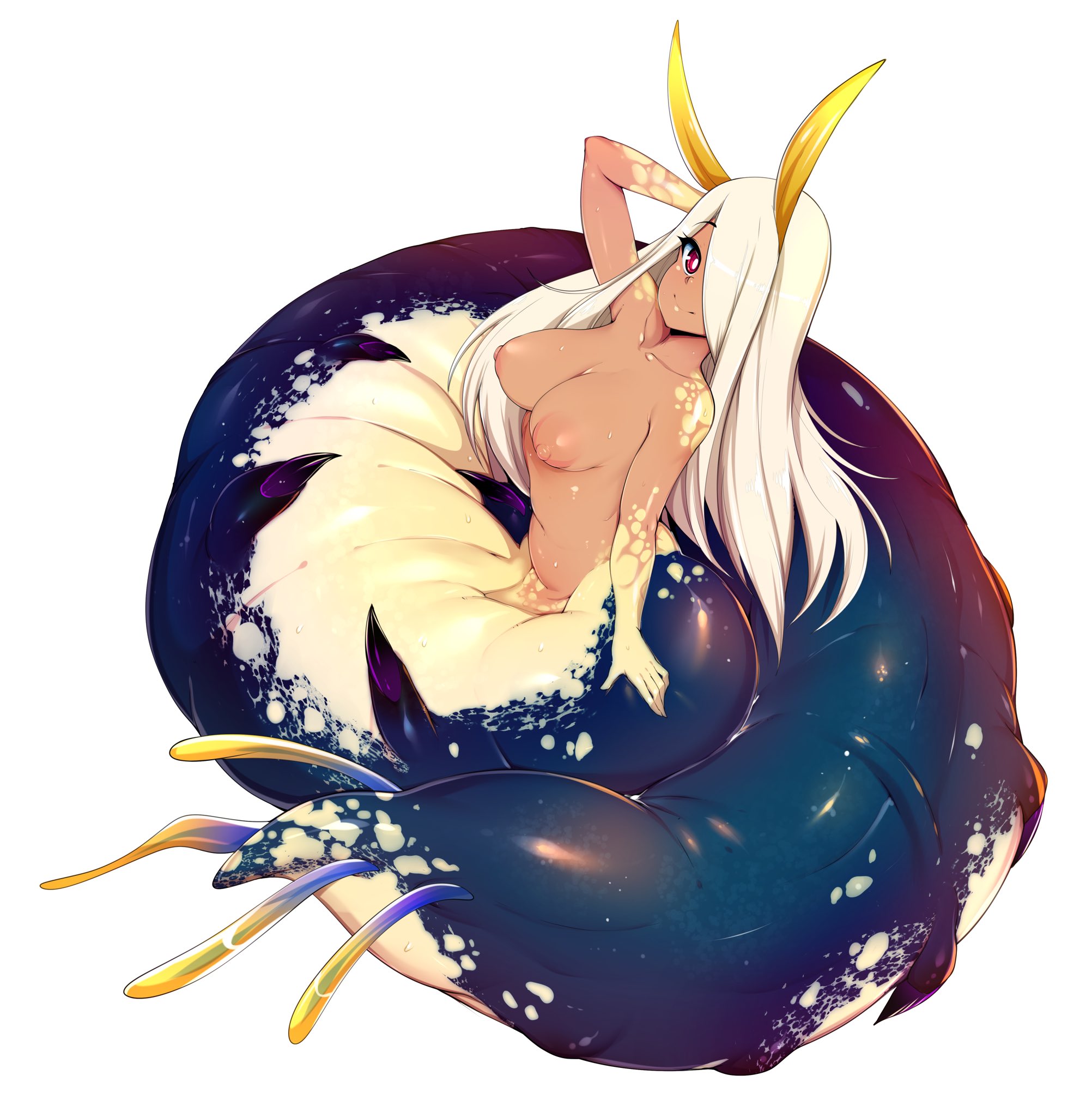 1girls, areolae, big breasts, breasts, cleavage, female, female only, hair, hair over one eye, long hair, monster, monster girl, nipples, nude, pink eyes, slug, slugbox, solo