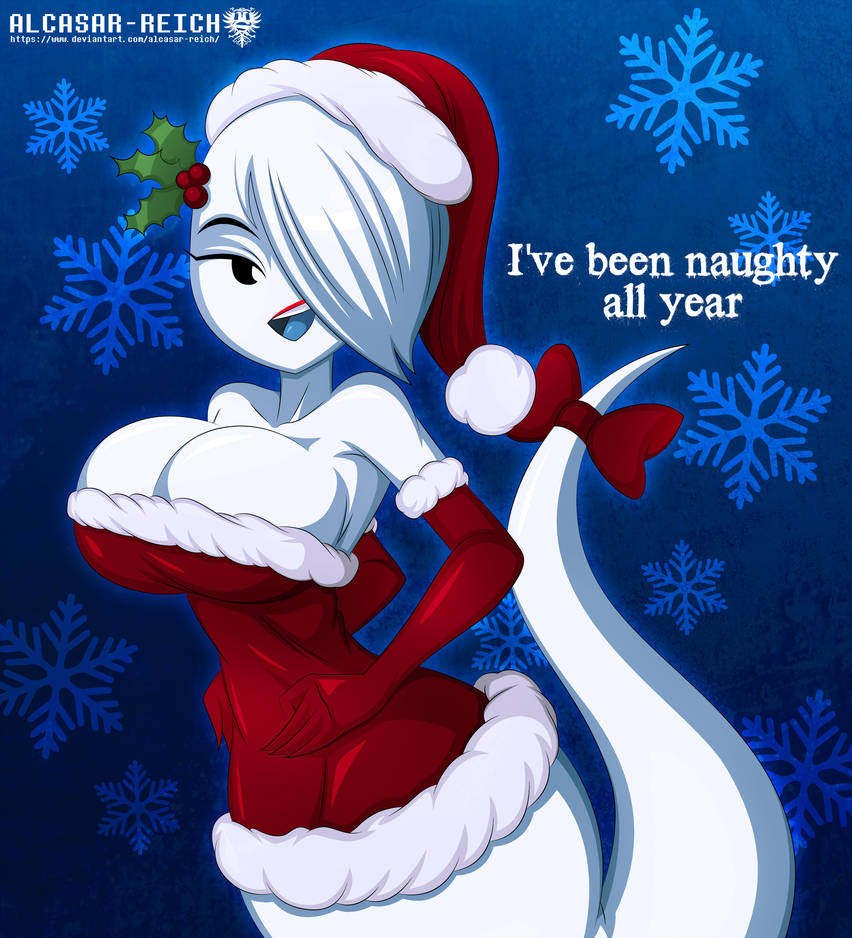 alcasar-reich, big breasts, blue background, breasts, carrie krueger, cartoon network, christmas, christmas hat, christmas outfit, emo, emo girl, eyelashes, female, female only, ghost, ghost girl, ghost tail, huge breasts, large breasts, looking at viewer, mistletoe, one eye covered, red gloves, santa costume, santa hat, seductive, seductive smile, short hair, simple background, slim, suggestive, talking, talking to viewer, the amazing world of gumball, white body, white hair, white skin, wide hips
