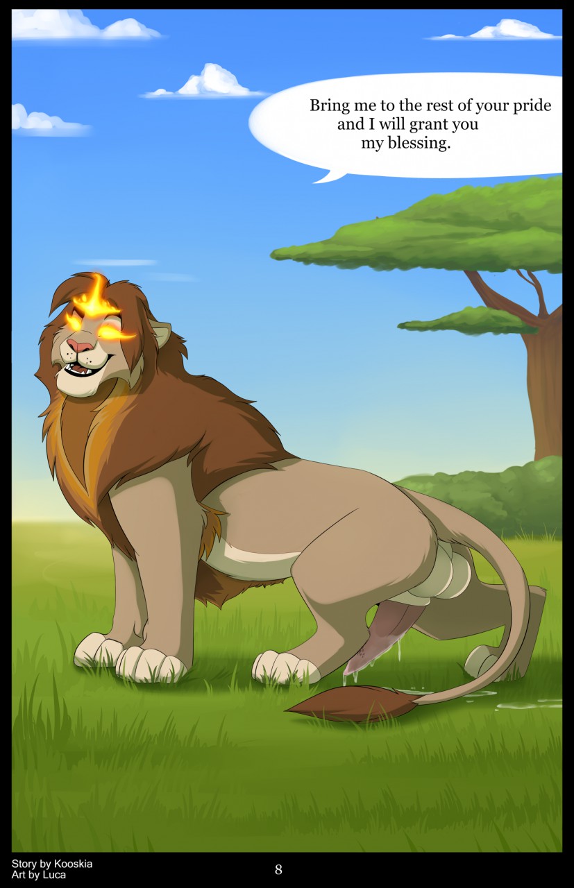 backsack balls blue_sky comic cum disney english_text erection fan_character fangs felid feral fur grey_fur hi_res kooskia_(artist) lion luca male male_only mammal mane outside pantherine penis sky smile solo tan_fur teeth text the_lion_king tree