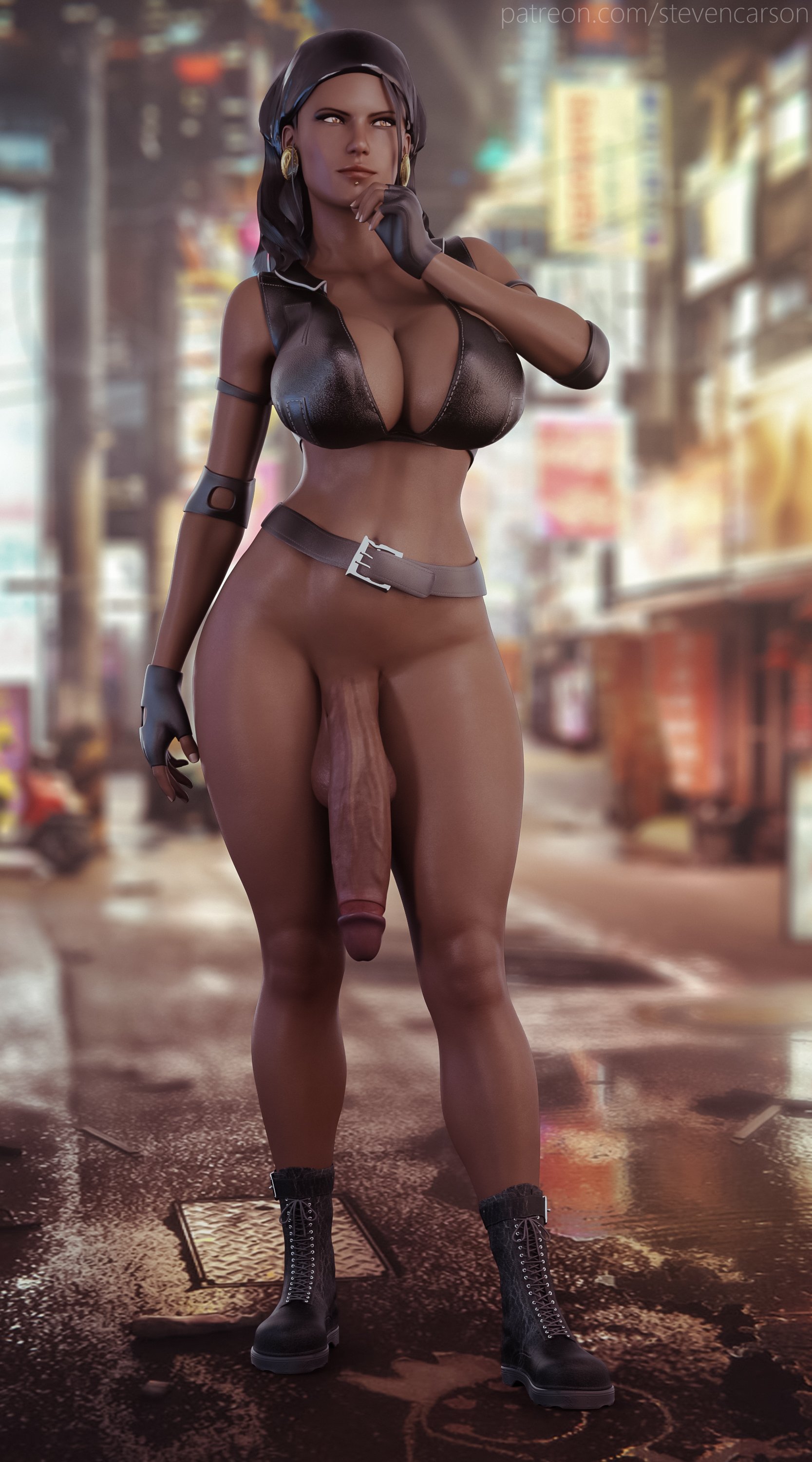 1futa, 3d, balls, belt, big penis, boots, bottomless, breasts, casual, casual erection, casual exposure, casual nudity, cleavage, curvy, dark hair, dark skin, dark-skinned futa, dragon age, dragon age 2, earrings, erection, exposed, fingerless gloves, flaccid, futa only, futanari, glans, headscarf, huge breasts, huge penis, human, intersex, isabela (dragon age), large balls, mouth piercing, nude, outside, pale skin, penis, public nudity, realistic, sagging balls, solo, solo futa, stevencarson, thick thighs, wide hips