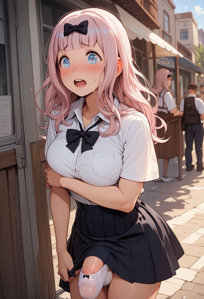 1futa, ai generated, black ribbon, blue eyes, bulge, female, flaccid, flaccid penis, fujiwara chika, futa only, futa sans pussy, futanari, hair ribbon, huge cock, intersex, kaguya-sama wa kokurasetai ~tensai-tachi no renai zunousen~, memytus, penis, pink hair, school uniform, schoolgirl, schoolgirl uniform, solo