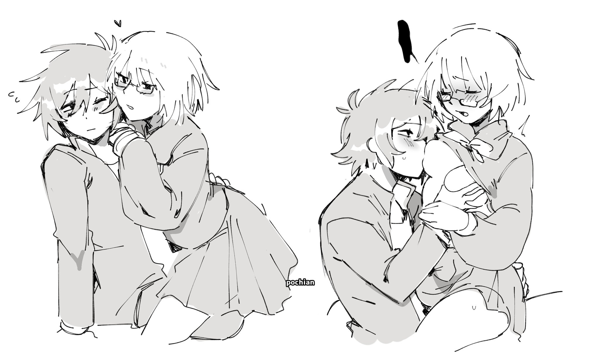 1boy, 1girls, blush, breasts, embarrassed, female, glasses, holding breast, lolup04, looking at partner, looking pleasured, looking up, male, randals friends, ranfren, satoru tsukada, school uniform, schoolboy, schoolgirl, skirt, straight, sucking nipples, thick thighs