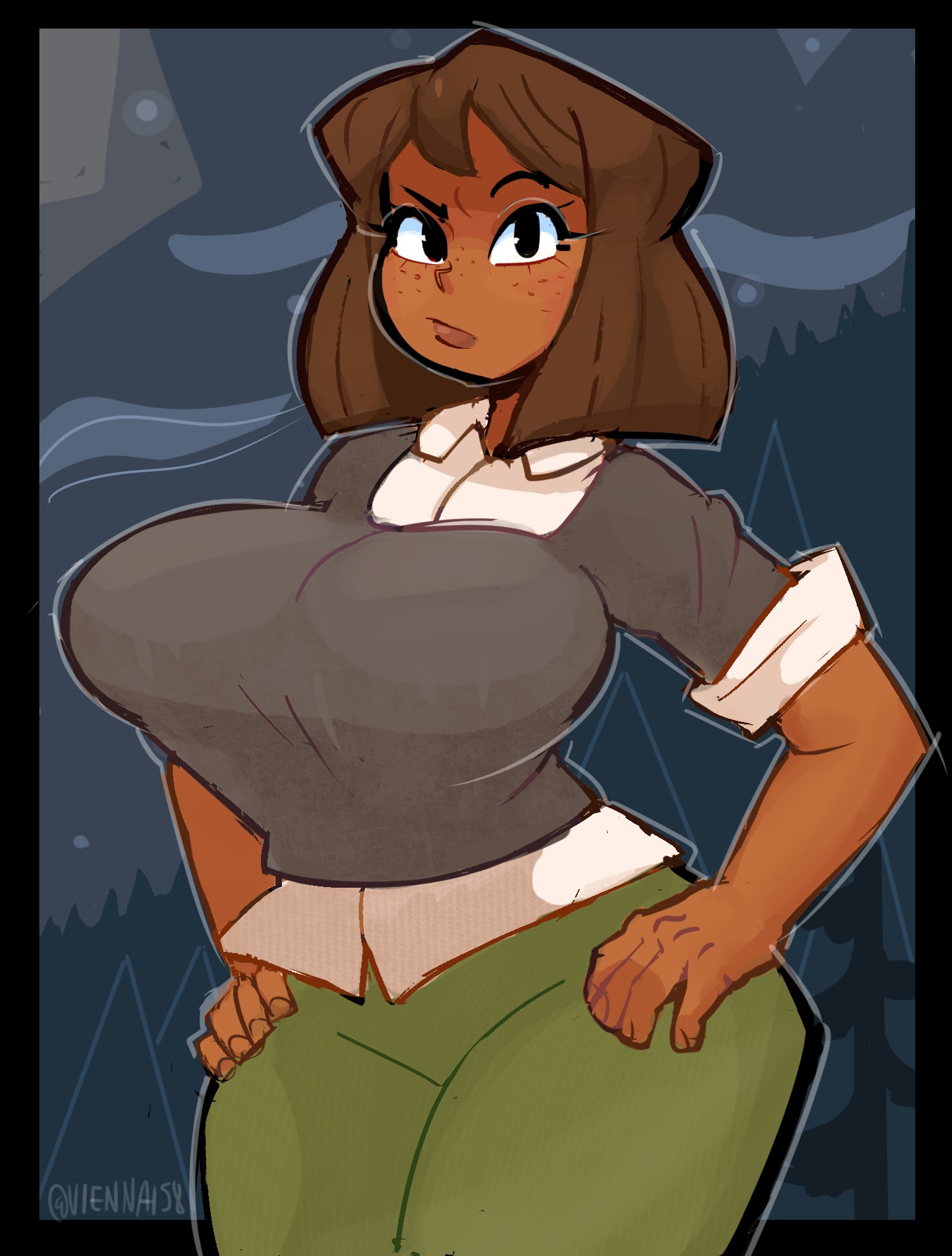 1girls, alternate breast size, big breasts, black eyes, blouse, breasts, brown hair, brown skin, busty, cartoon network, clothed, clothed female, clothes, clothing, courtney (tdi), curvy, dark skin, dark-skinned female, eyelashes, female, freckles, fully clothed, short hair, skin tight, solo, solo female, standing, sweater, tagme, thick thighs, thighs, total drama island, viennais8