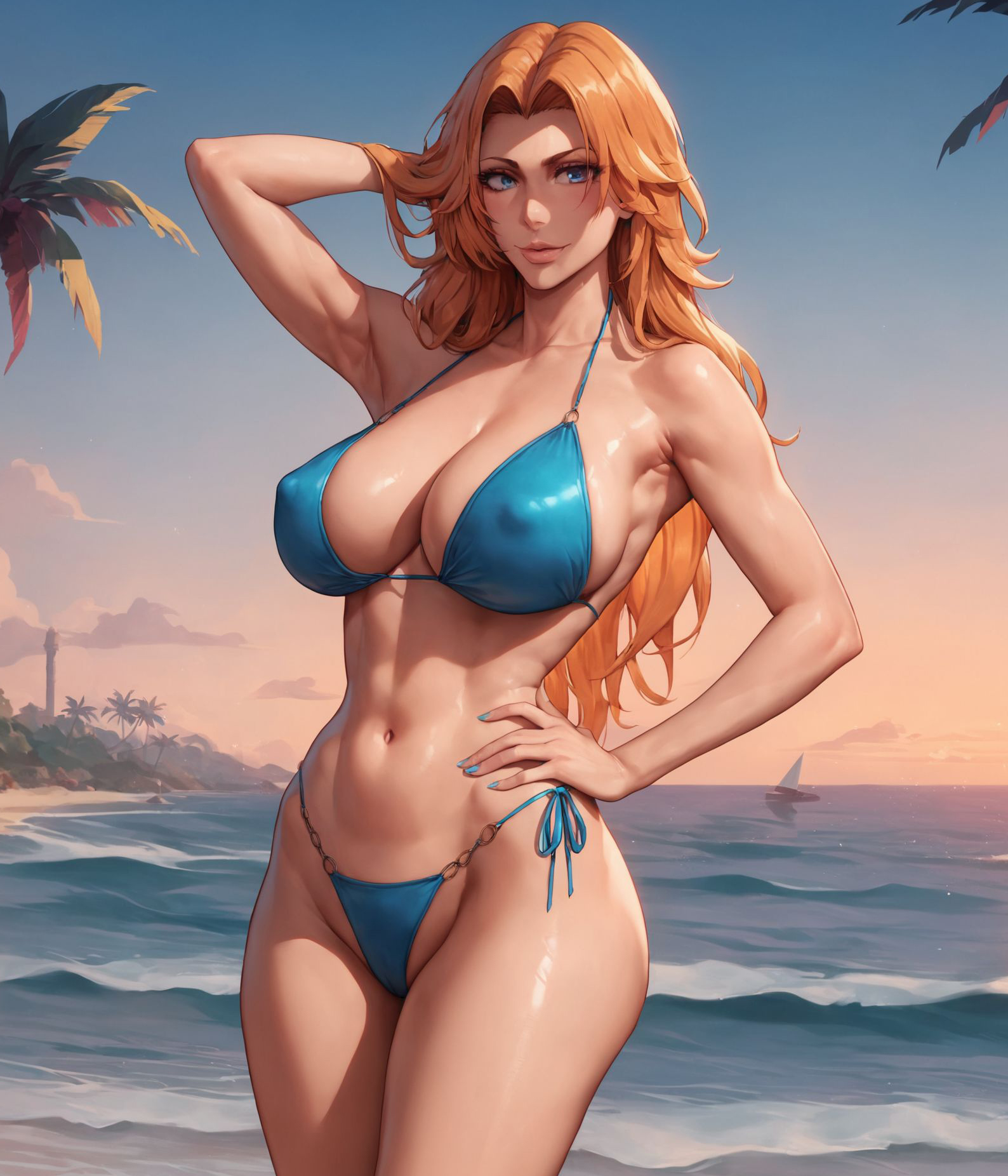 1girls, abs, ai generated, alex-schura, arm behind head, armpits, bare shoulders, beach, bikini, bleach, bleach: the thousand-year blood war, blue bikini, blue eyes, blue nails, blue sky, blue swimsuit, breasts, cameltoe, clavicle, cleavage, clothing, cloud, cowboy shot, curvaceous, curvaceous female, curvaceous figure, curvy, curvy figure, day, erect nipples, erect nipples under clothes, female, female focus, female only, g-string, g-string bikini, hand on hip, huge breasts, large breasts, lips, long hair, looking at viewer, matsumoto rangiku, mole, mole under mouth, mommy, nail polish, navel, nipple bulge, nipples, ocean, orange hair, outdoors, palm tree, parted lips, pussy, redhead, sand, shiny, shiny skin, sky, smile, solo, standing, stomach, swimsuit, thighs, thong bikini, toned, tree, voluptuous, voluptuous female, water