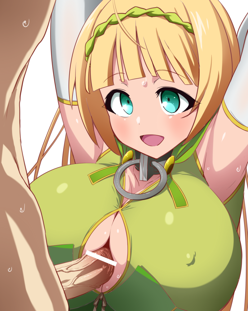 1boy armpits arms_behind_head bangs bar_censor blonde_hair blue_eyes blunt_bangs blush breasts censored cleavage cleavage_cutout collar dress elbow_gloves elf erect_nipples eyebrows_visible_through_hair female gloves green_dress hairband how_not_to_summon_a_demon_lord huge_breasts large_breasts long_hair looking_at_another metal_collar nipple_bulge o-ring open_mouth paizuri paizuri_under_clothes penis perpendicular_paizuri pointy_ears shera_l_greenwood smile solo_focus straight sweat tamezou veins veiny_penis white_gloves wreath