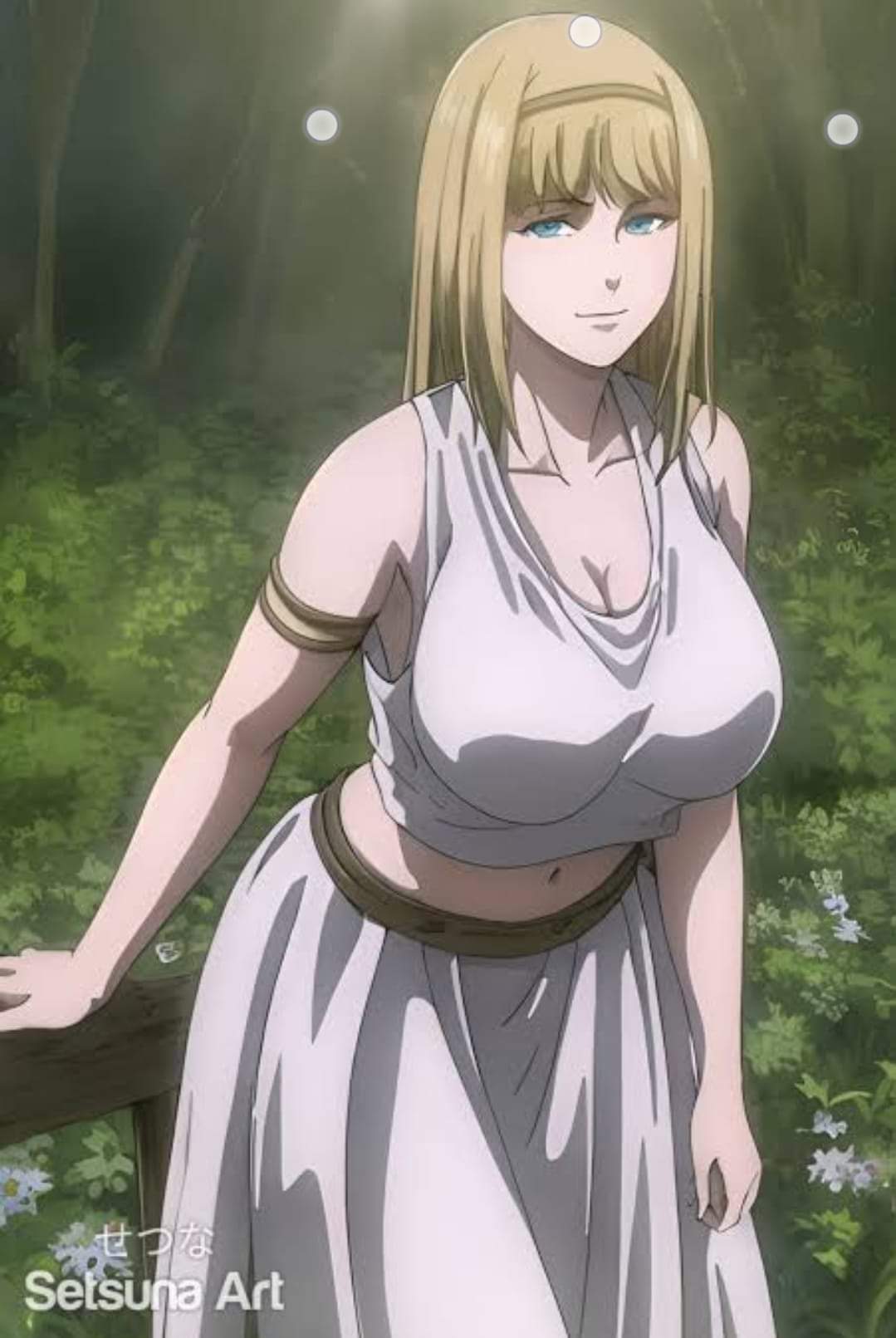 1girls ai_generated ancient_greek_clothes armband attack_on_titan big_breasts blonde_hair blonde_hair_female blue_eyes greek_clothes headband milf nature_background solo_female tagme ymir_fritz