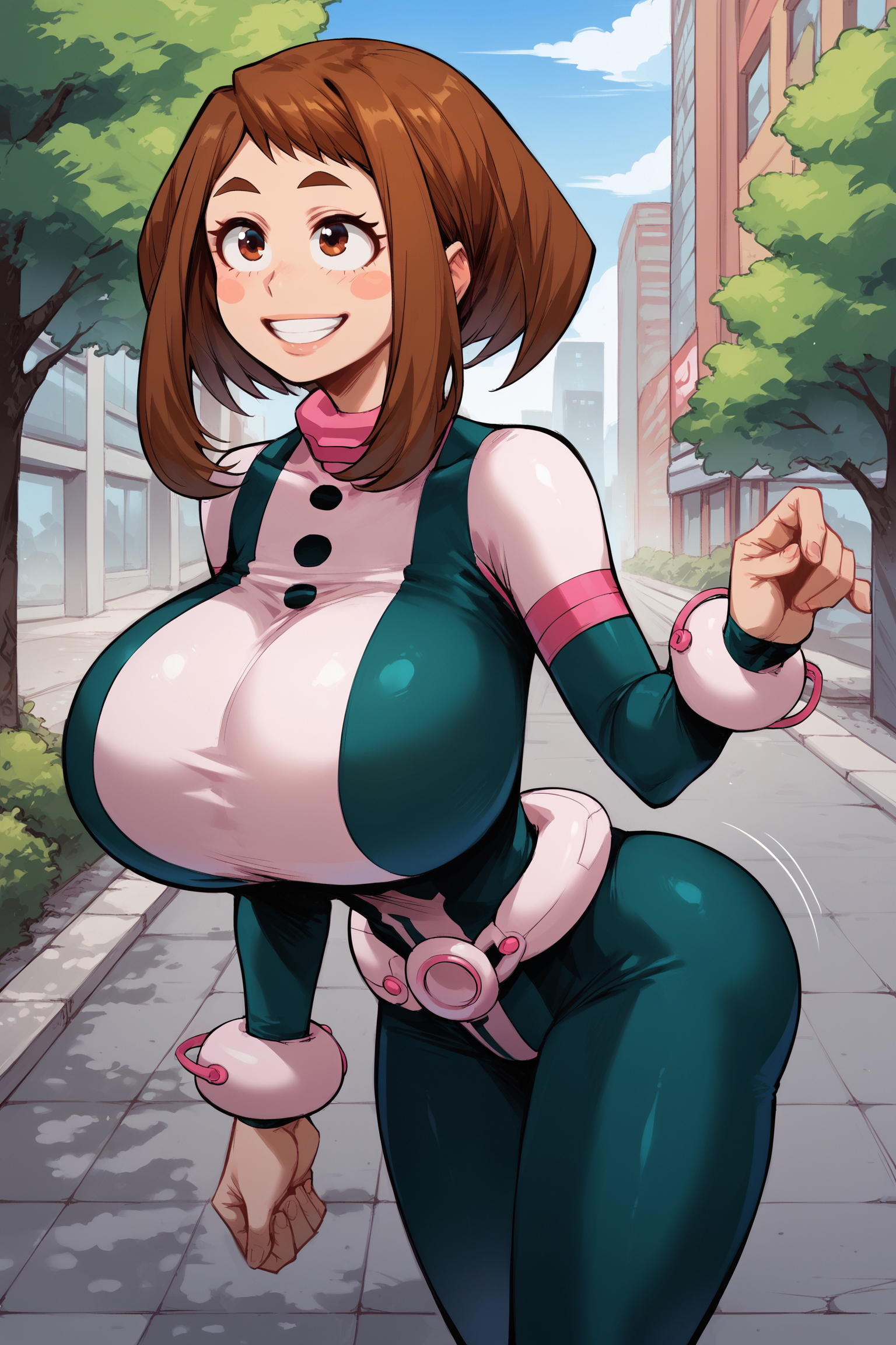 1girls, ai generated, big breasts, bodysuit, breasts, bythebrokenone, female, female only, huge breasts, large breasts, my hero academia, ochako uraraka, skin tight, skinsuit, solo, solo female, tagme, tight clothes, tight clothing, uraraka ochako
