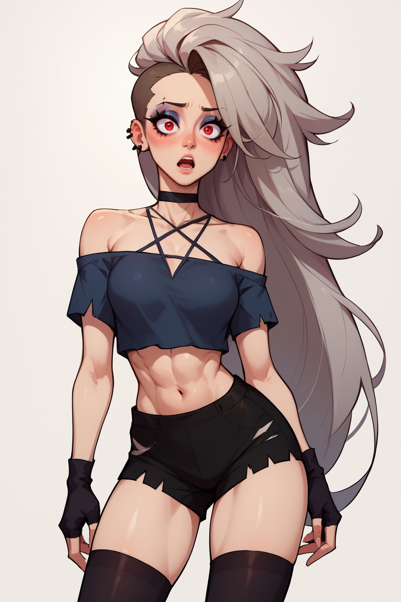 1girls, abdomen, ai generated, big breasts, breasts, bythebrokenone, eyebrow piercing, female, female only, fit, fit female, helluva boss, human loona, loona (helluva boss), midriff, midriff showing, muscular, muscular female, navel, six pack abs, small breasts, solo, solo female, surprised, surprised expression, tagme