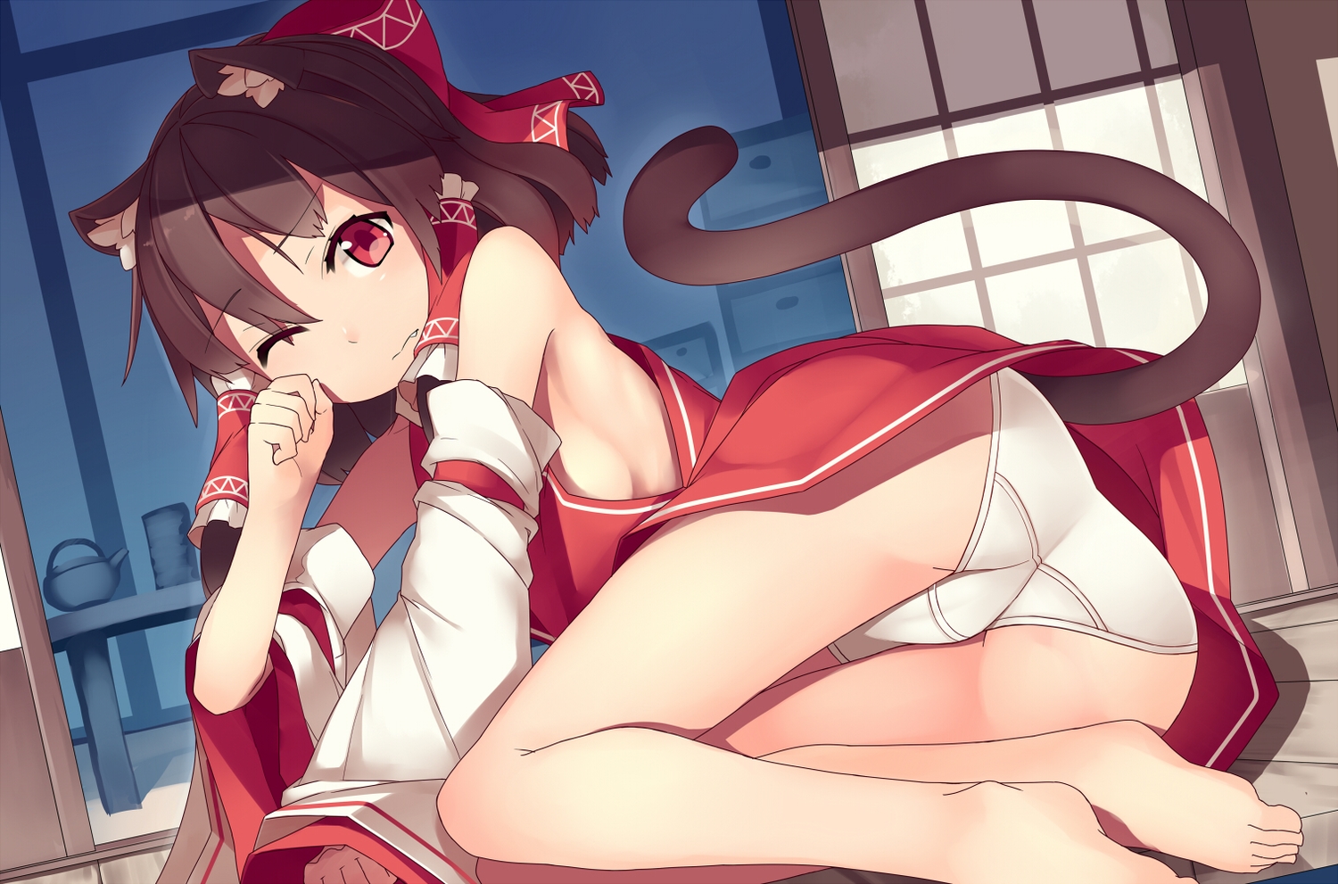 animal, ass, barefoot, bow, breasts, brown hair, cat girl, catgirl, fangs, female, japanese clothes, mikan (bananoha), miko, no bra, panties, red eyes, reimu hakurei, sideboob, tagme, tail, touhou, underwear, wink