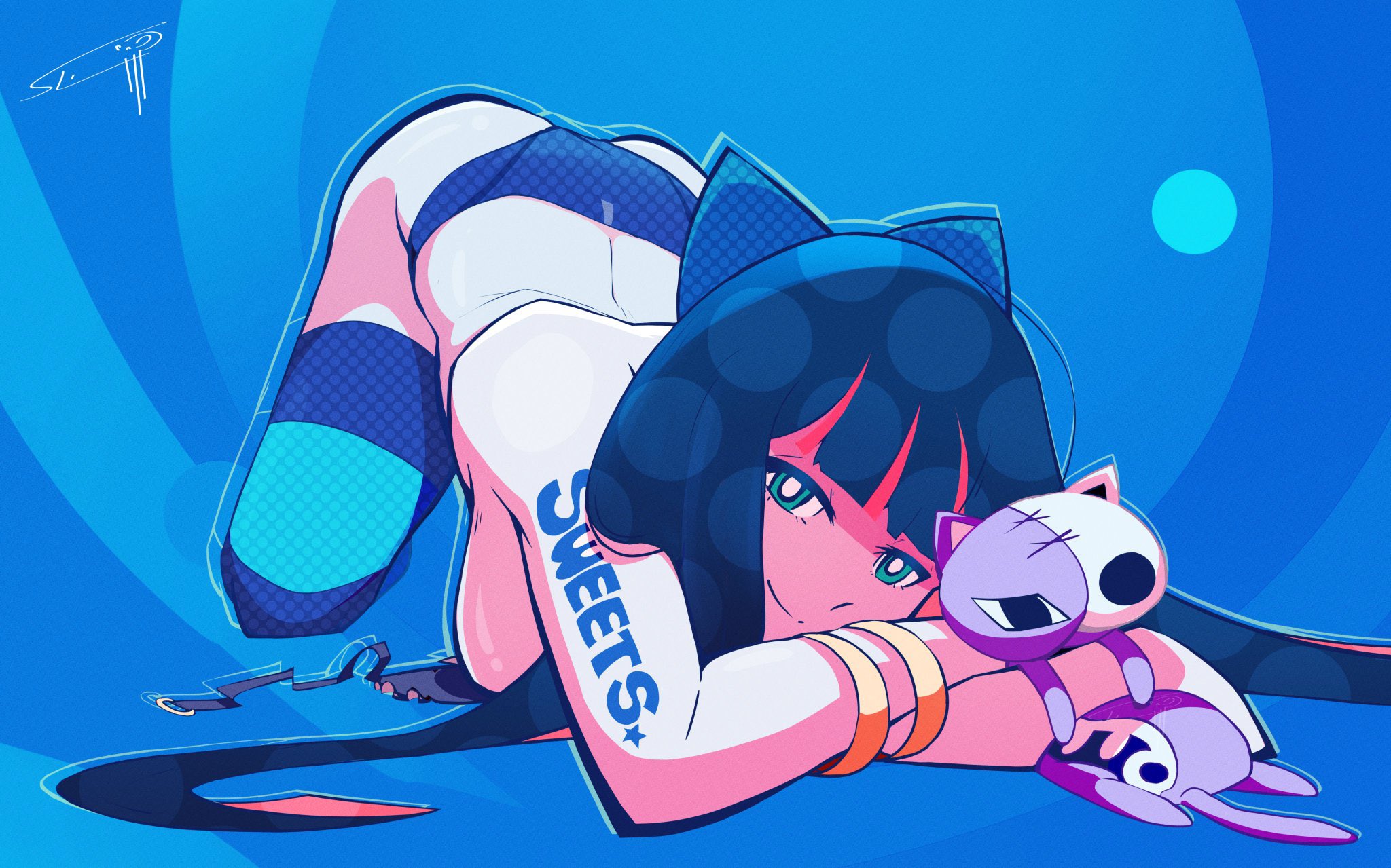 1girls, bracelet, breasts, face down ass up, female, front view, head down ass up, large breasts, looking at viewer, multicolored hair, panties, panty & stocking with garterbelt, sideboob, slim skull, solo, stocking anarchy, stockings, tagme, topless