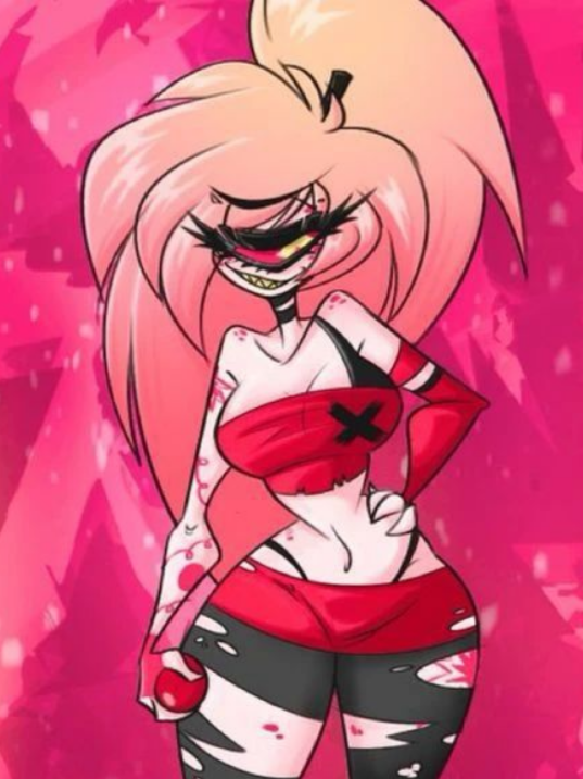 1_eye big_breasts black_panties boobs cherri_bomb_(hazbin_hotel) cyclops cycoriot demon demon_girl fluffy_hair hand_on_hip hazbin_hotel pink_hair ponytail tattoo tattoos thick_thighs vivziepop wide_hips