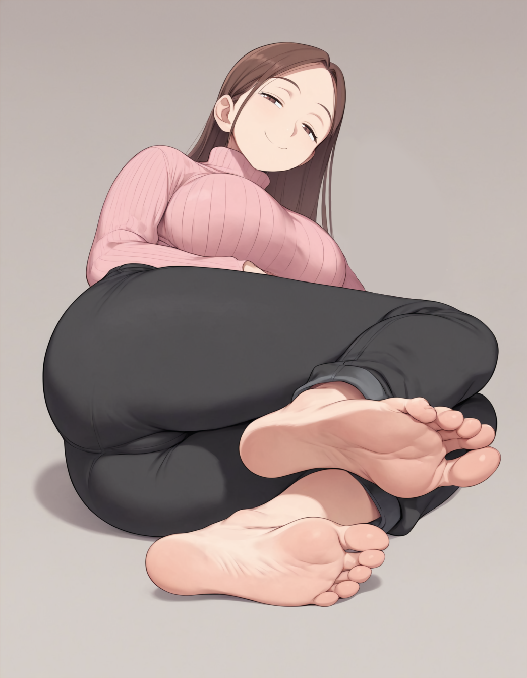 ai_generated barefoot brown_eyes brown_hair feet half-closed_eyes lying pants presenting_feet smile supergetthi sweater