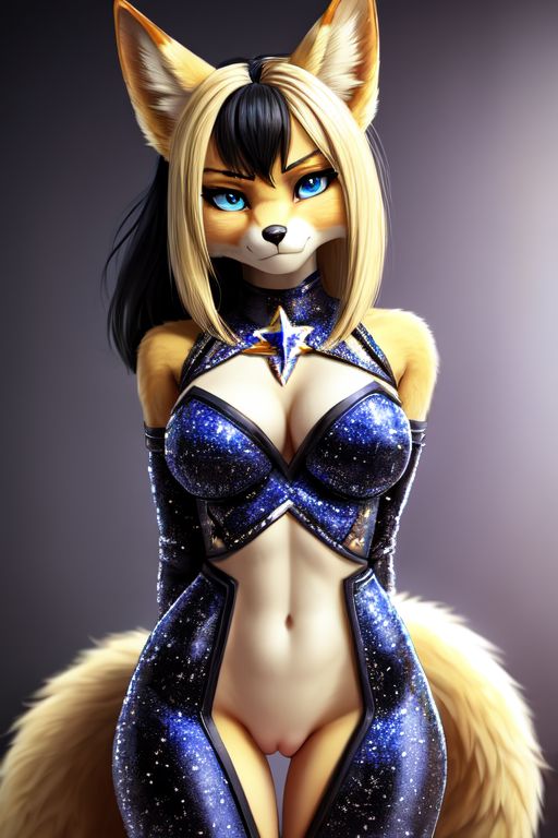 1girls 2_tails ai_generated anthro bare_shoulders black_hair blonde_fur blonde_hair blue_clothing blue_eyes canine casual_exposure cleavage dancer exposed_pussy exposed_stomach female female_only fox fox_ears fox_tail furry gray_background inner_ear_fluff innie_pussy looking_at_viewer mostly_clothed multi_tail pussy standing star_(symbol) two_tone_hair