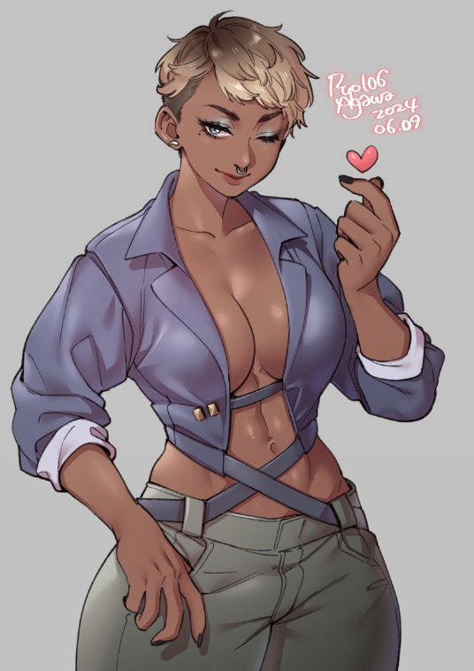 1girls 2024 abs athletic_female big_breasts blonde_hair blue_eyes dark-skinned_female ryo_agawa short_hair tan_body tanned tanned_female tanned_skin wink winking_at_viewer