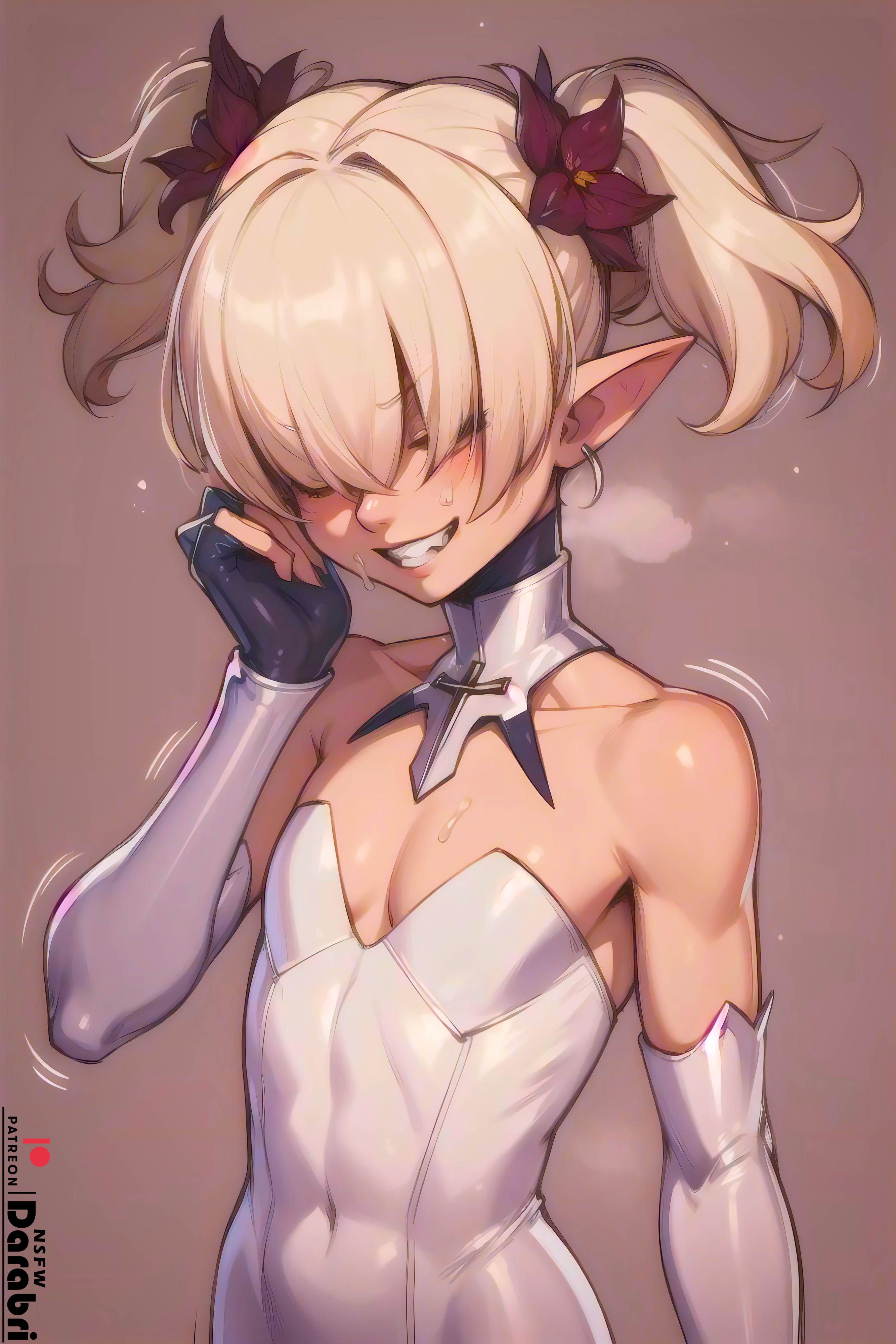 1boy, absurd res, ai generated, bangs, bare shoulders, cum on face, cute, darabri, detached sleeves, dress, dripping, dripping cum, elf, femboy, feminine male, fit, flat chest, flat chested, gay, girly, hair over eyes, logo, male, open smile, otoko no ko, patreon, patreon logo, simple background, smile, smug, solo, toned, trap, twintails, white dress, white hair, yaoi