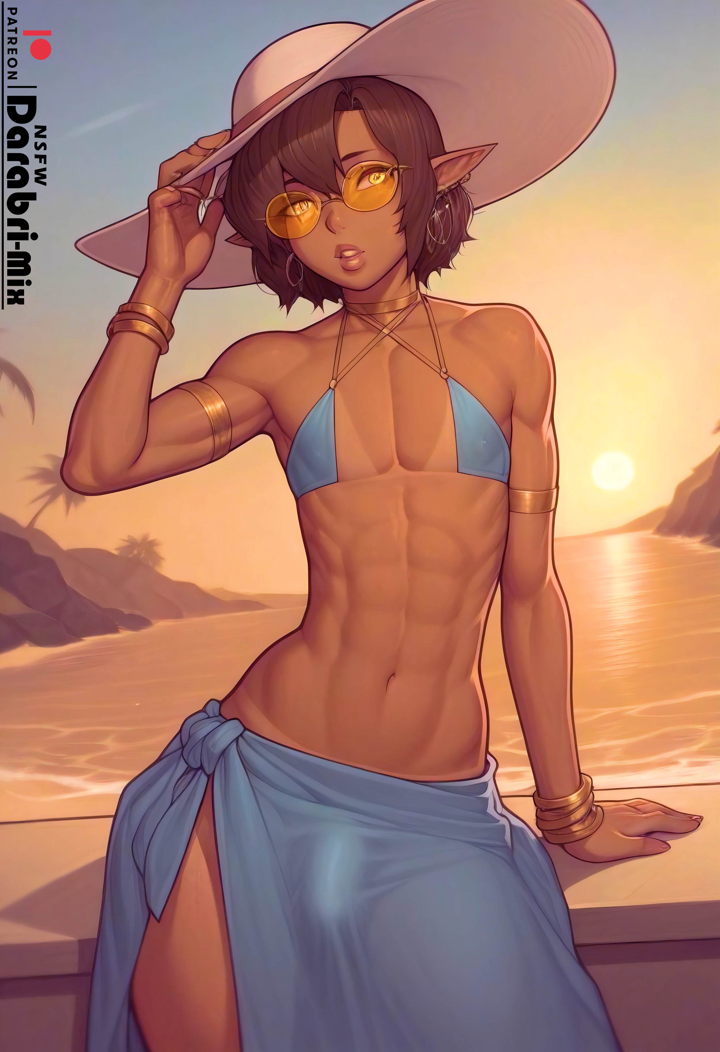 1boy, abs, ai generated, beach, bikini, brown hair, bulge, bulge through clothing, cute, darabri-mix, dark skin, dark-skinned femboy, dark-skinned male, dark-skinned sissy, dark-skinned twink, elf, femboy, feminine male, flat chest, flat chested, gay, girly, logo, male, orange-tinted eyewear, otoko no ko, patreon, patreon logo, penis, penis bulge, sunglasses, tinted eyewear, toned, trap, water, yaoi, yellow eyes