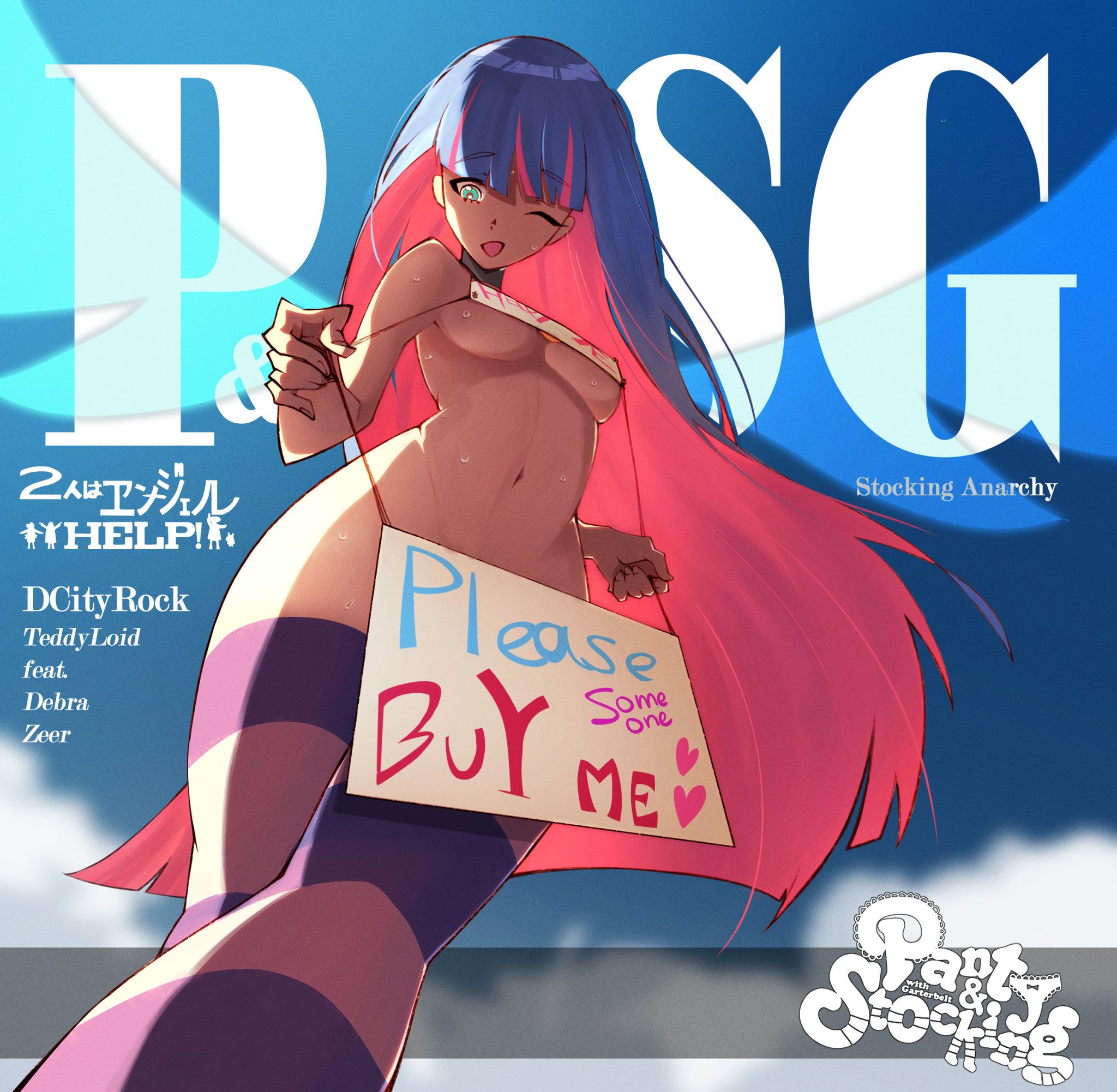 1girls, female, multicolored hair, no panties, panty & stocking with garterbelt, sign, slim skull, solo, stocking anarchy, stockings, tagme, thighhighs, topless