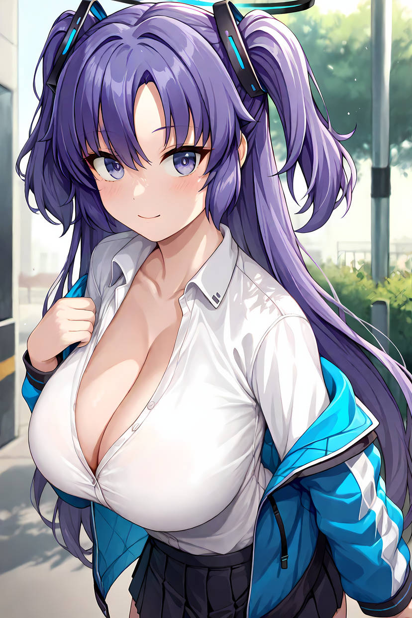 ai_generated bushes cleavage evodubeai eyes halo hanging_breasts huge_breasts jacket jacket_open leaning_forward purple purple_hair school school_uniform shirt skirt smile twintails unbuttoned_shirt yuuka_(blue_archive)