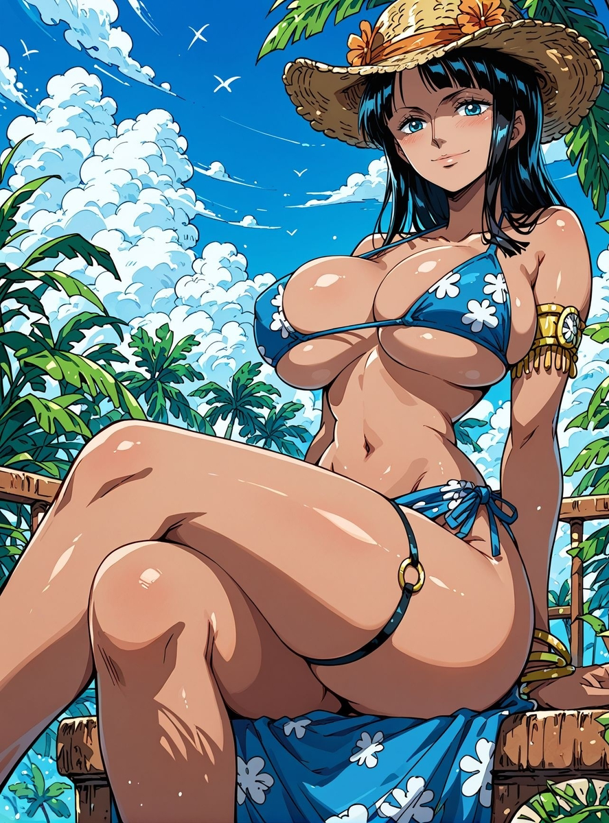 1girls ai_generated bare_arms bare_legs bare_shoulders bare_thighs big_breasts bikini bikini_bottom bikini_top black_hair blue_eyes blush clothed clothing color female female_focus female_only hat hi_res large_breasts light-skinned_female light_skin long_hair looking_at_viewer nico_robin one_piece pre-timeskip shounen_jump solo solo_female tagme thick_thighs water wet yashin