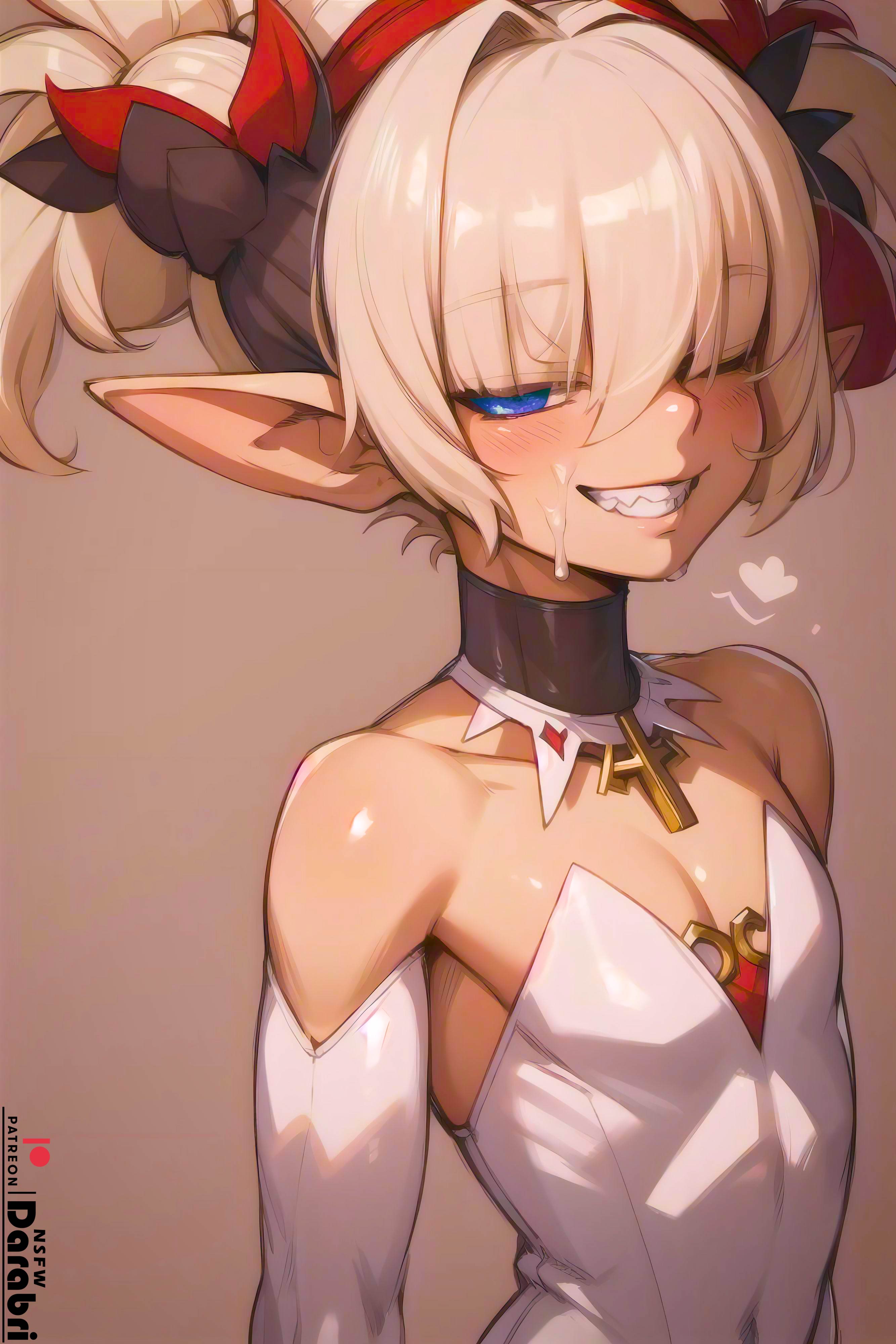 1boy, absurd res, ai generated, bangs, bare shoulders, cum on face, cute, darabri, detached sleeves, dress, dripping, dripping cum, elf, femboy, feminine male, fit, flat chest, flat chested, gay, girly, hair over eyes, logo, male, open smile, otoko no ko, patreon, patreon logo, simple background, smile, smug, solo, toned, trap, twintails, white dress, white hair, yaoi