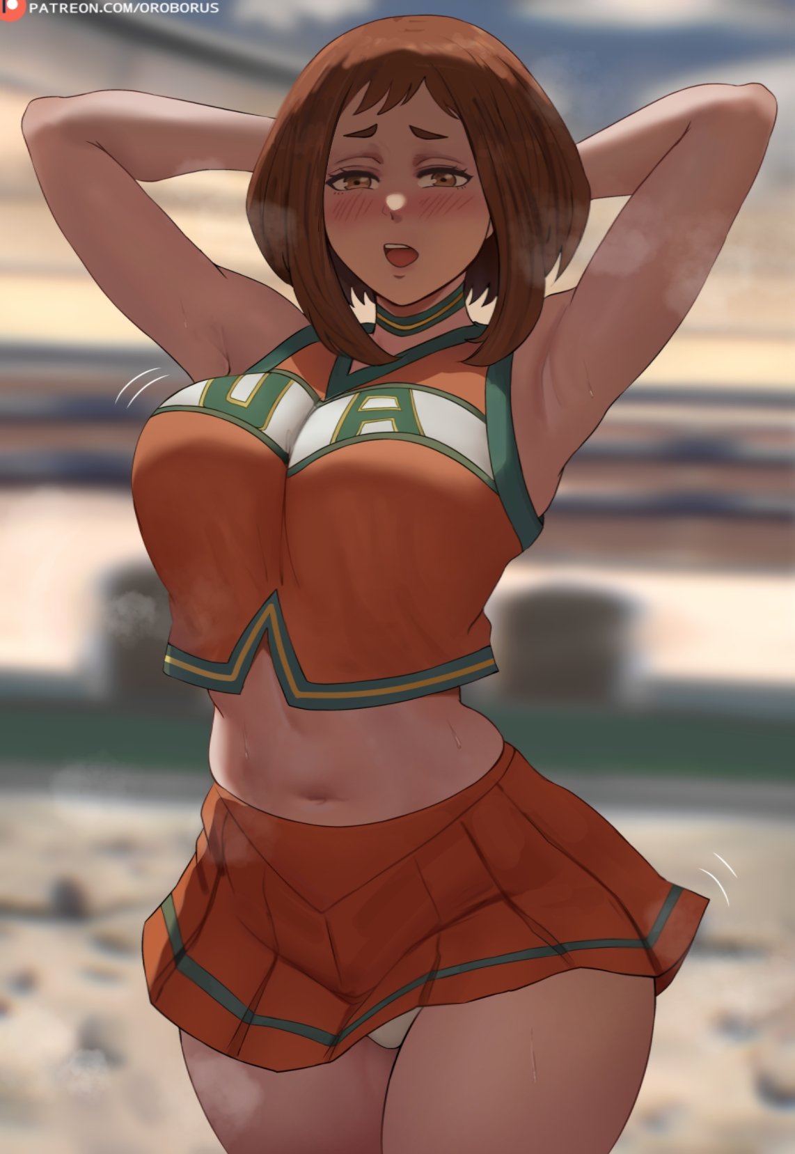 1girls armpits arms_above_head bare_midriff breasts brown_eyes brown_hair cheerleader cheerleader_uniform choker collar crop_top female hands_behind_head hi_res hips huge_breasts large_breasts light-skinned_female light_skin my_hero_academia ochako_uraraka oroborusart panties_visible_under_skirt plump pudgy_belly savagexthicc short_hair skirt sweat sweating thick_thighs thighs wide_hips