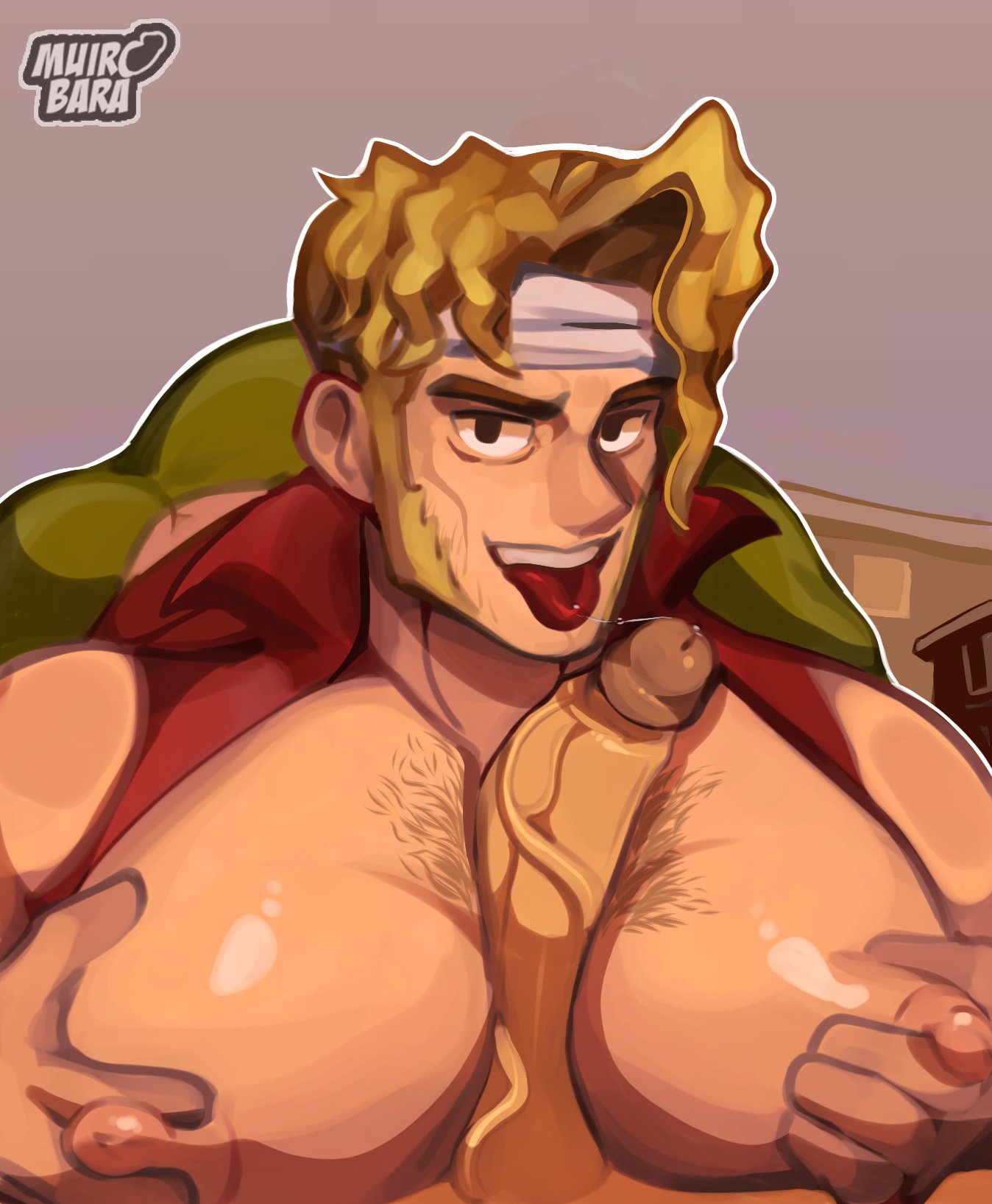 1boy 2d 2d_(artwork) areola areolae artist_name artist_signature big_pecs big_penis blonde_hair gay grabbing grabbing_own_breast grabbing_own_pecs hairy_male hairy_pecs headband male male_only marco_rossi metal_slug muirobara nipples pecjob pecs penis penis_between_breasts penis_between_pecs red_vest saliva saliva_string saliva_trail shirtless shirtless_male sideburns sideburns_stubble solo solo_focus solo_male staring_at_viewer tongue tongue_out vest