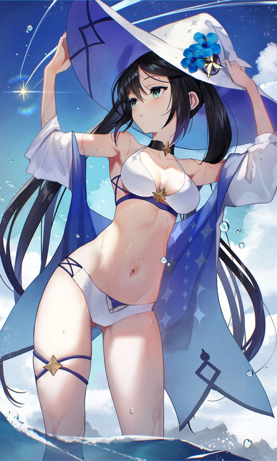 1girls 2d 2d_(artwork) alternate_costume arms_up belly_button bikini bikini_bottom bikini_top black_hair blue_flowers blue_hair bra clouds day female female_focus female_only flowers front_view genshin_impact hat light-skinned_female light_skin long_hair long_pigtails medium_breasts mona_(genshin_impact) navel ocean outdoors pigtails sco_ttie sky slim_girl solo solo_female solo_focus standing standing_in_water swimsuit two_piece_swimsuit water wet wet_body white_bikini white_bikini_bottom white_bikini_top white_hat young younger_female