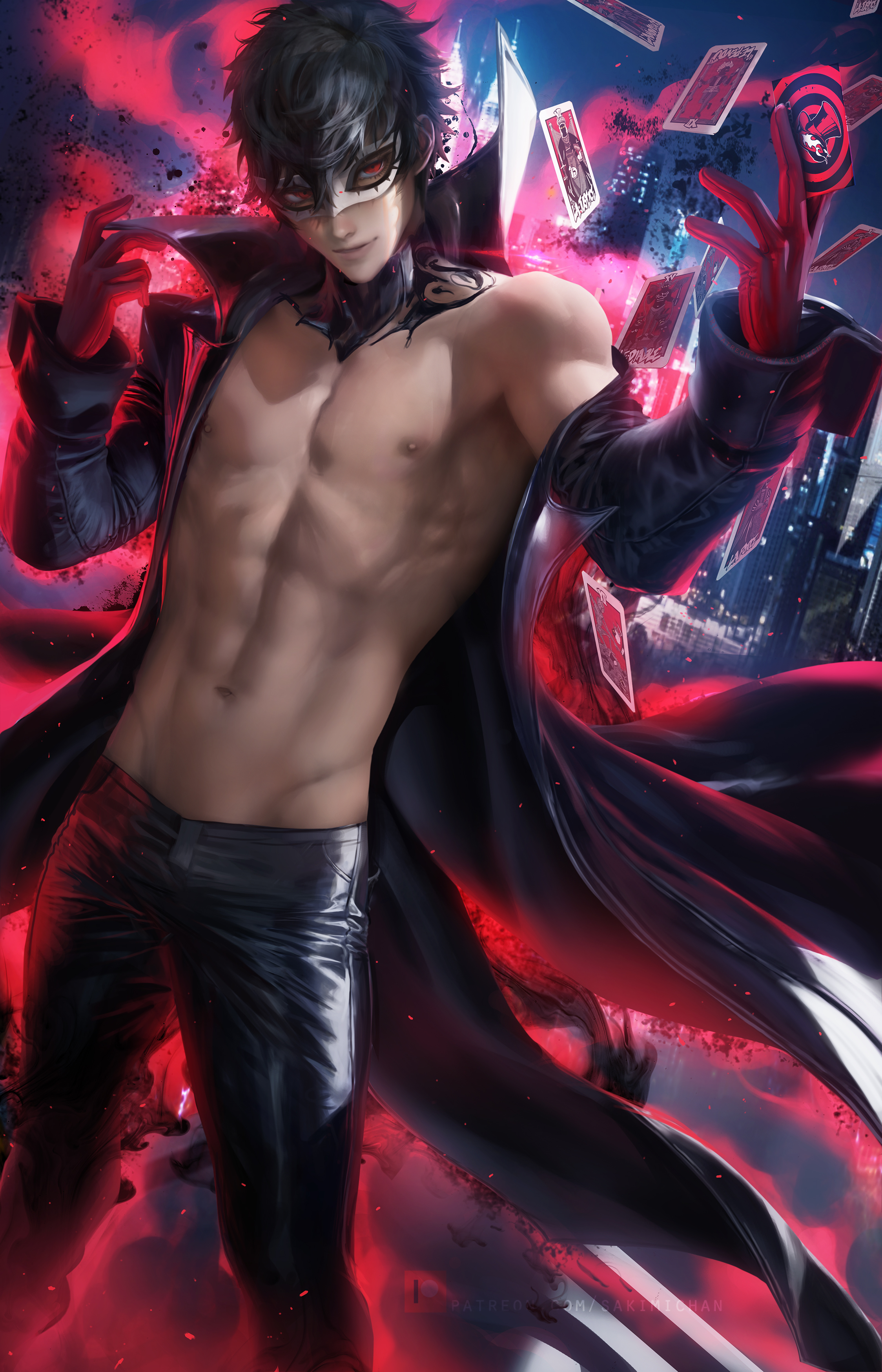 1boy, abs, atlus, body, clothing, human, joker (persona), latex, leather, male, male only, megami tensei, muscles, pale skin, persona, persona 5, phantom thief suit, ren amamiya, sakimichan, shin megami tensei, shirtless, tagme