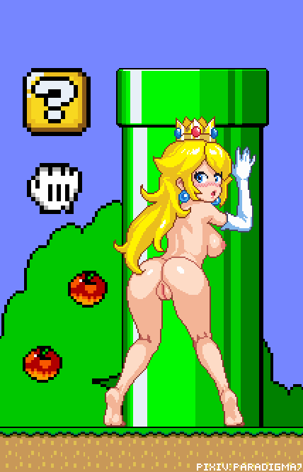 against wall, animated, animation, ass up, back, barefoot, blonde hair, blue eyes, crown, gloves, hands on wall, looking at viewer, looking back, mario (series), nintendo, nude, outdoors, paradigma7, pixel animation, pixel art, princess peach, pussy, super mario bros., white gloves