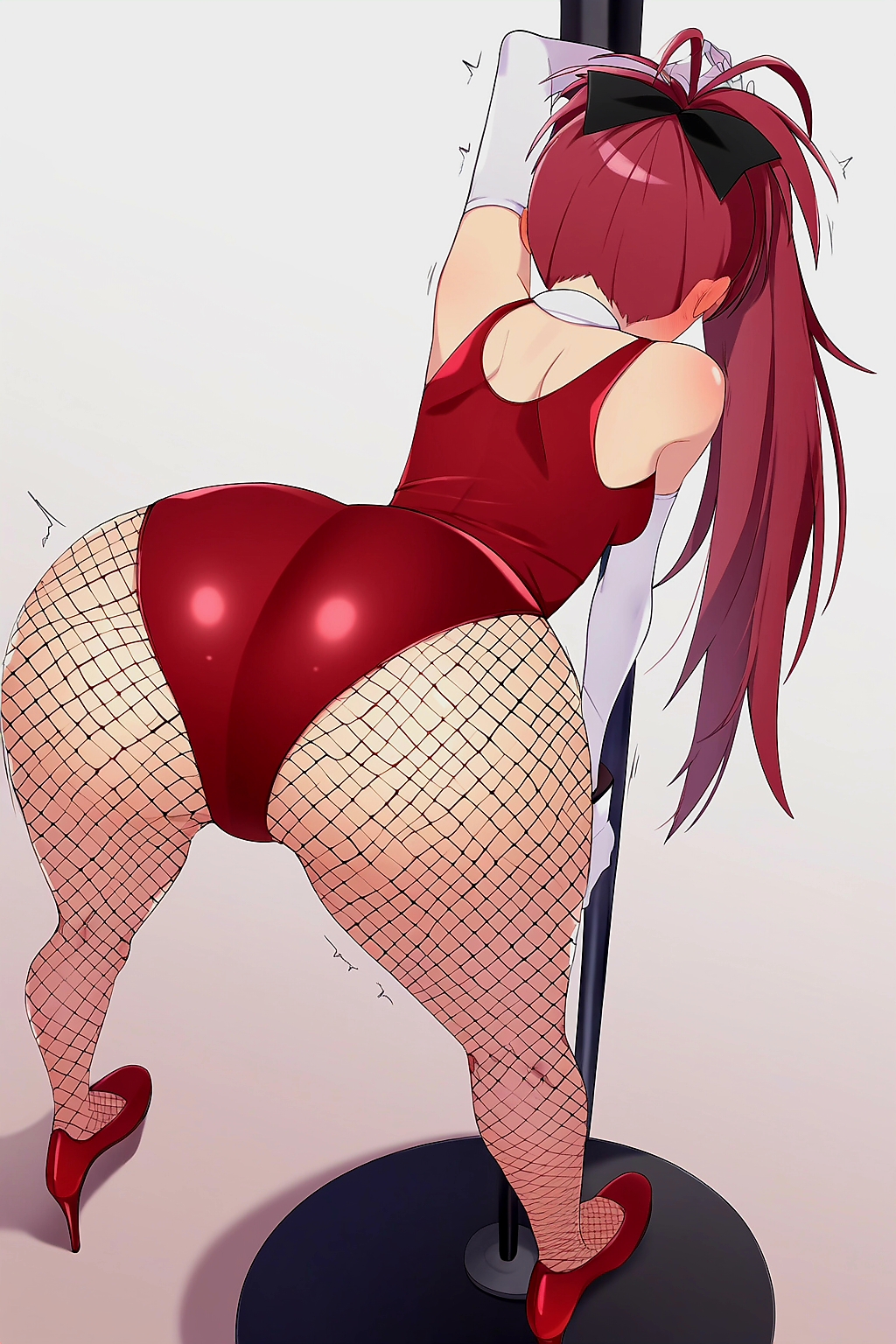 1girls ai_generated ass ass_focus back_view bending_over big_ass black_ribbon butt_focus elbow_gloves female female_only fishnets hair_ribbon high_heels human long_hair long_ponytail madoka_worship magical_girl mahou_shoujo_madoka_magica ponytail puella_magi_madoka_magica red_eyes red_hair sakura_kyouko simple_background slutty_outfit solo stripper stripper_pole