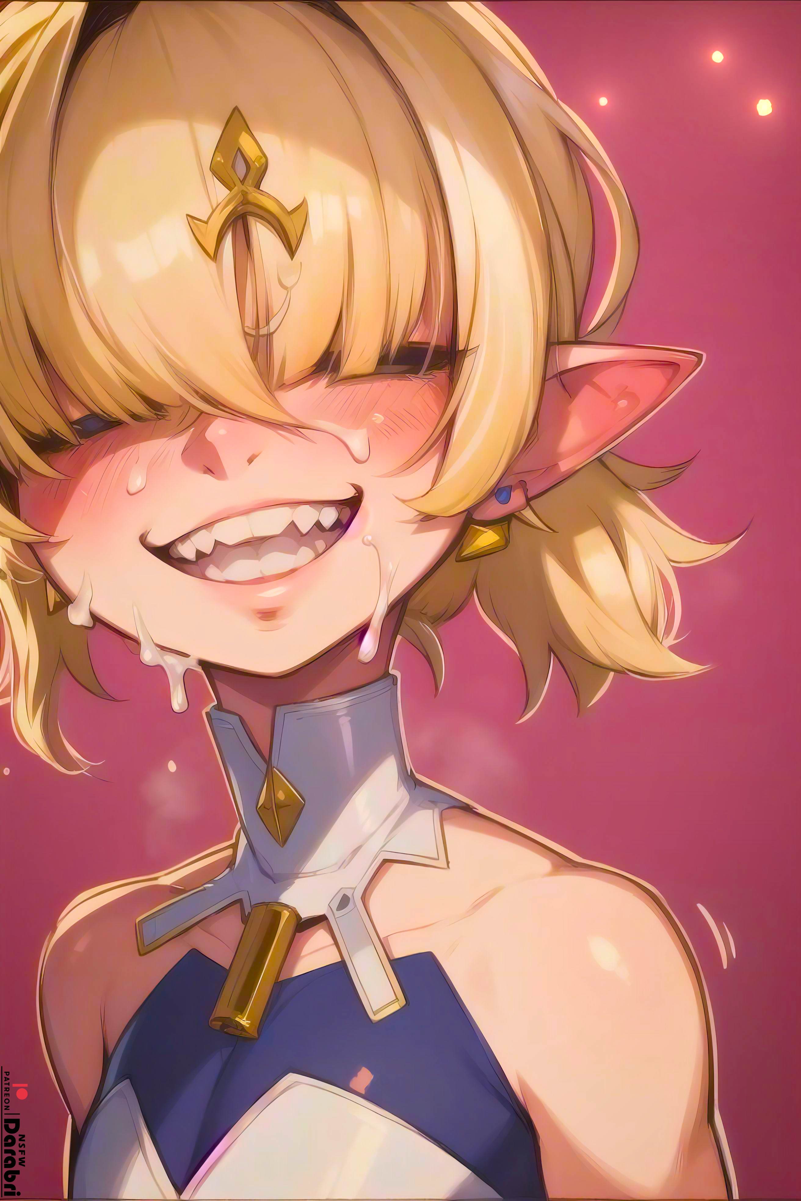 1boy, absurd res, ai generated, bangs, bare shoulders, close-up, cum on face, cute, darabri, detached sleeves, dress, dripping, dripping cum, elf, femboy, feminine male, fit, flat chest, flat chested, gay, girly, hair over eyes, logo, male, open smile, otoko no ko, patreon, patreon logo, petite, petite body, simple background, smile, smug, solo, toned, trap, twintails, white dress, white hair, yaoi