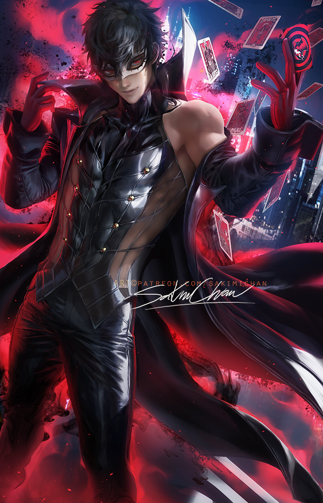 1boy, atlus, black hair, body, clothing, human, joker (persona), male, male only, megami tensei, muscles, pale skin, persona, persona 5, phantom thief suit, ren amamiya, sakimichan, shin megami tensei, tagme